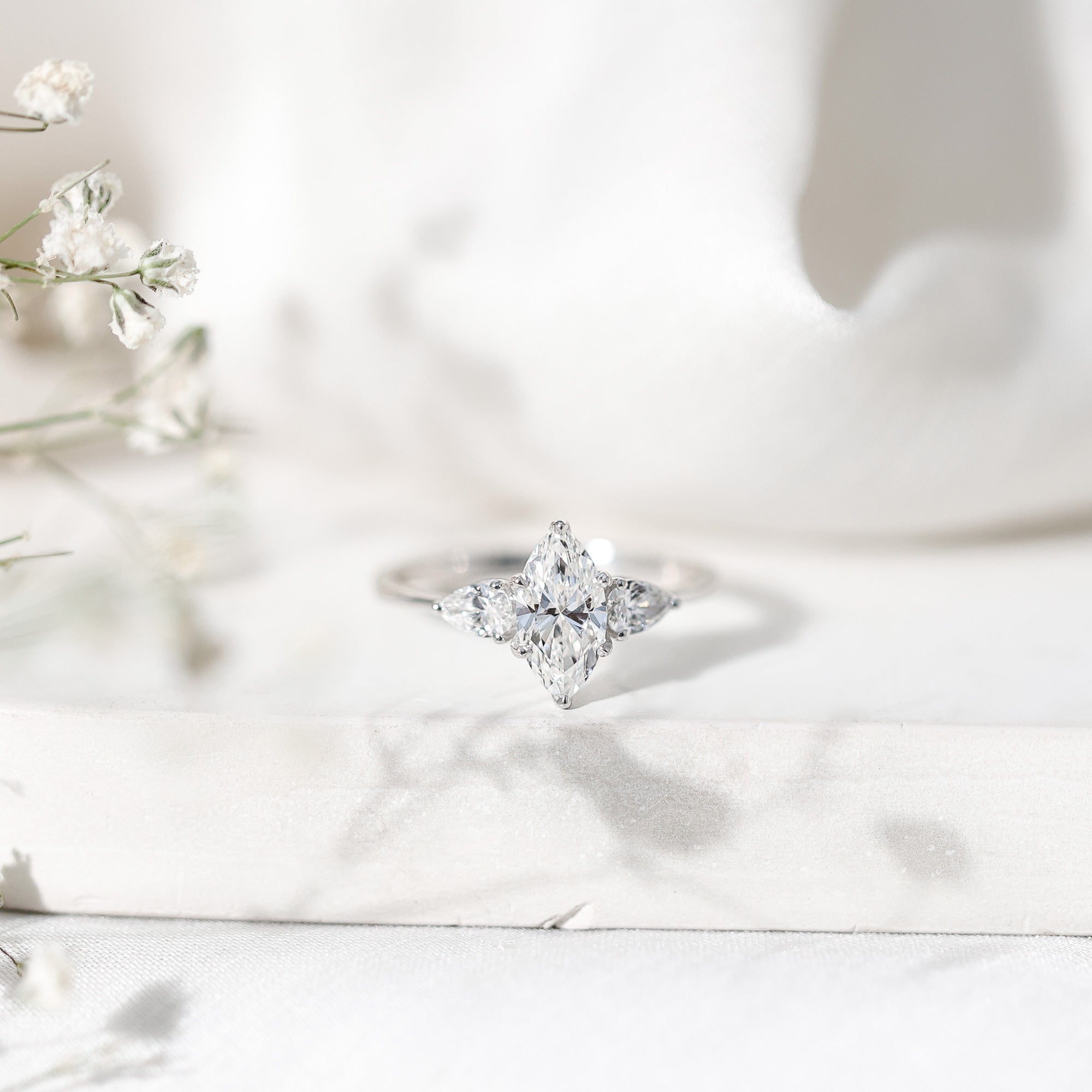 Lab Grown Diamond Ring – Three Stone Engagement Marquise Ring with Sparkling Pear Diamonds