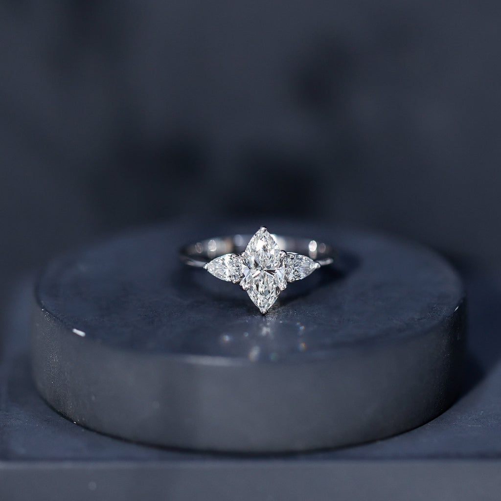 Lab Grown Diamond Ring – Three Stone Engagement Marquise Ring with Sparkling Pear Diamonds