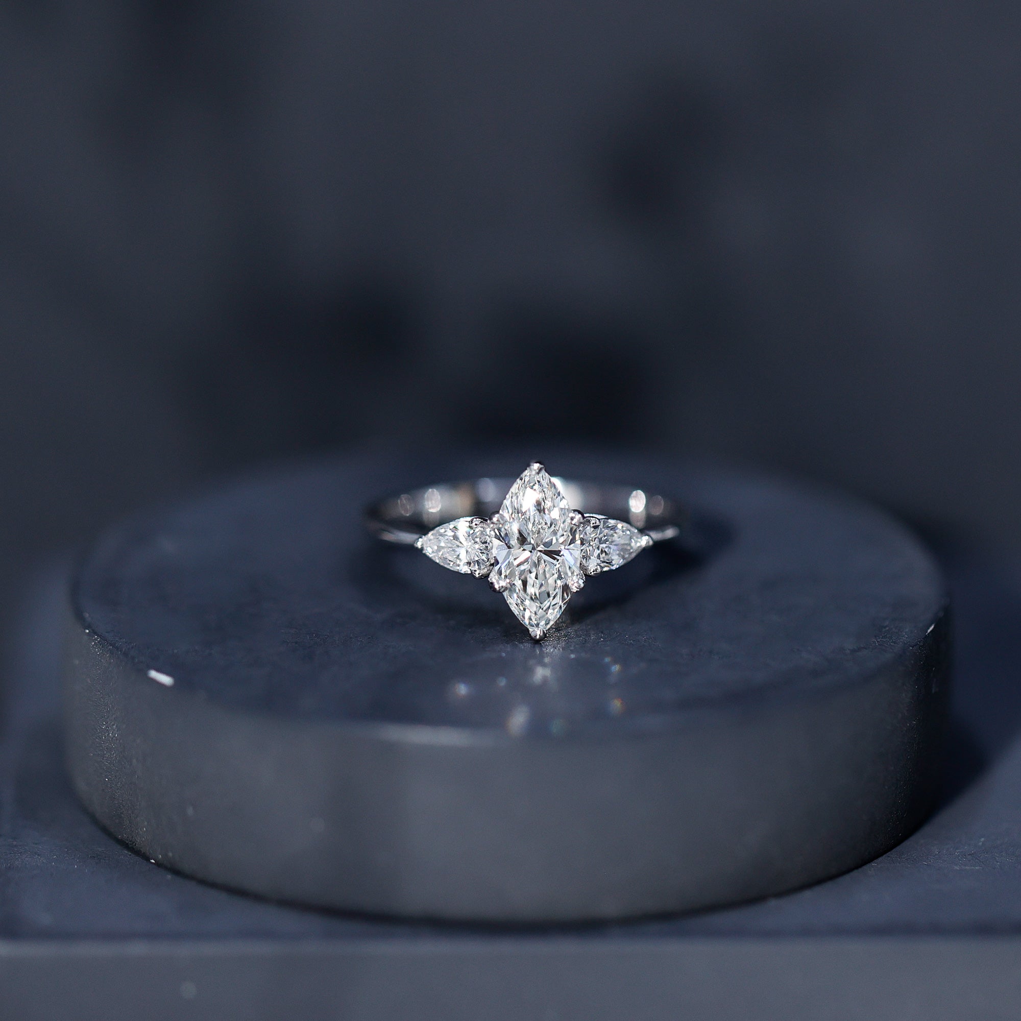 Lab Grown Diamond Ring – Three Stone Engagement Marquise Ring with Sparkling Pear Diamonds
