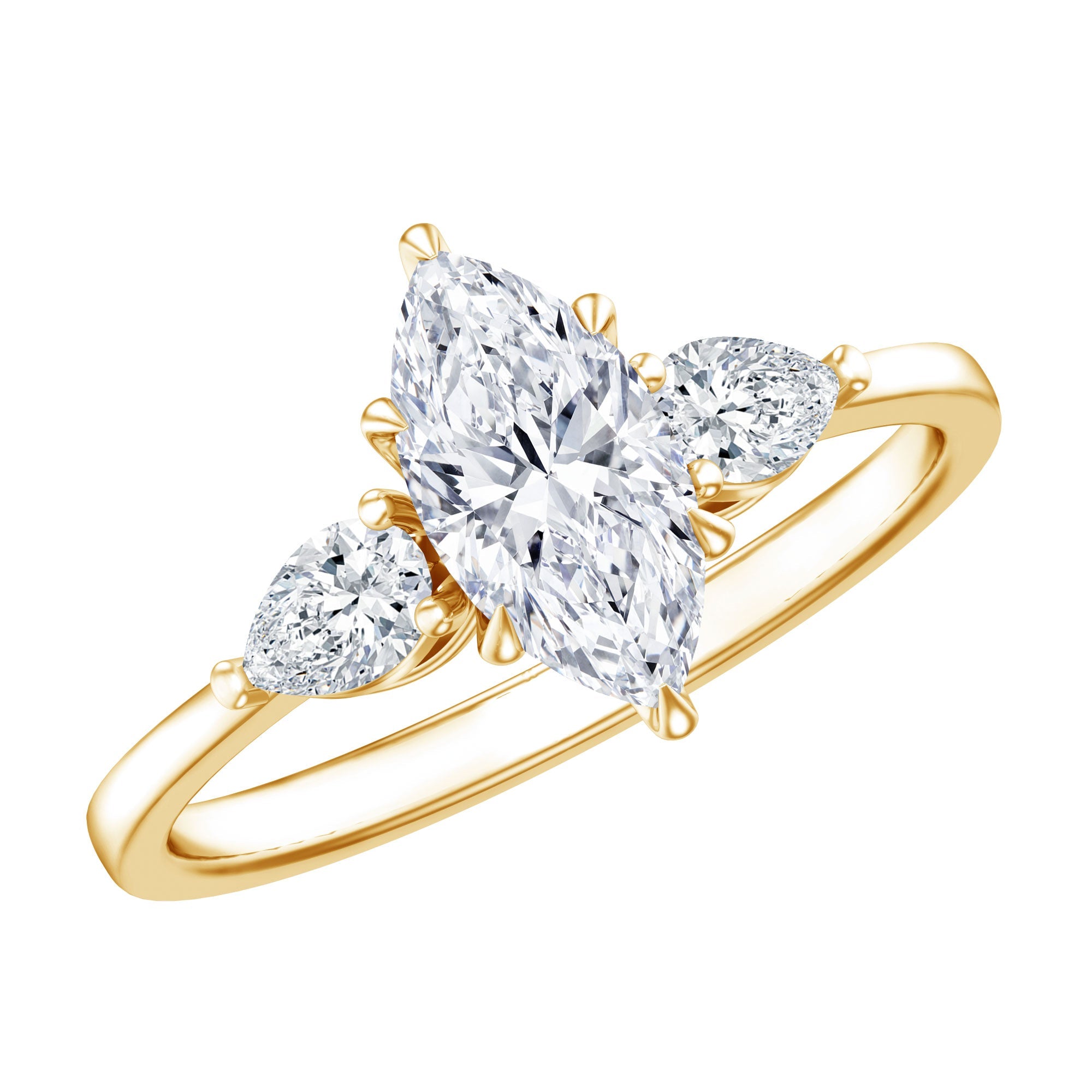 Lab Grown Diamond Ring – Three Stone Engagement Marquise Ring with Sparkling Pear Diamonds