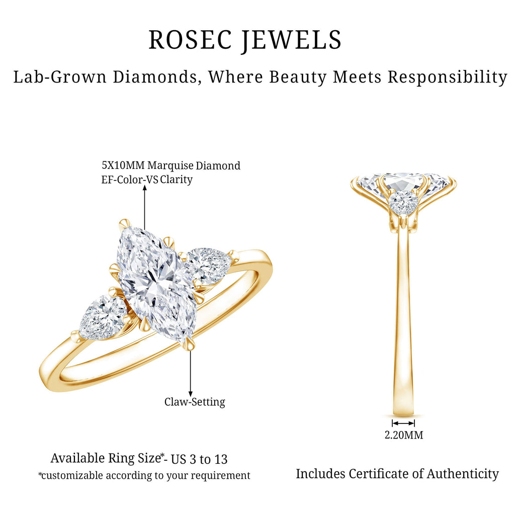 Lab Grown Diamond Ring – Three Stone Engagement Marquise Ring with Sparkling Pear Diamonds