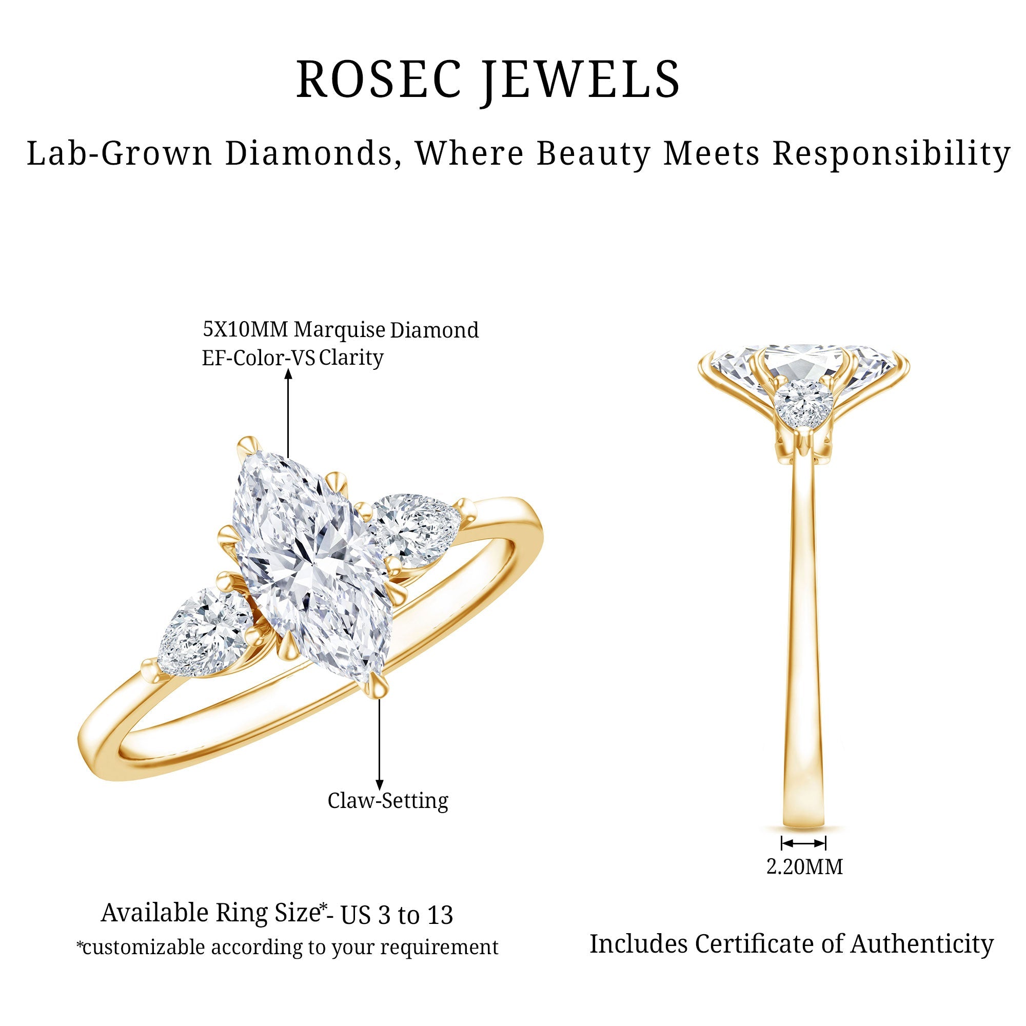 Lab Grown Diamond Ring – Three Stone Engagement Marquise Ring with Sparkling Pear Diamonds