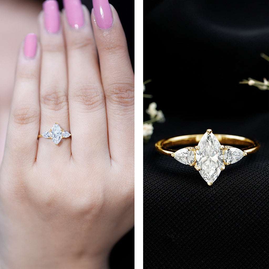 Lab Grown Diamond Ring – Three Stone Engagement Marquise Ring with Sparkling Pear Diamonds