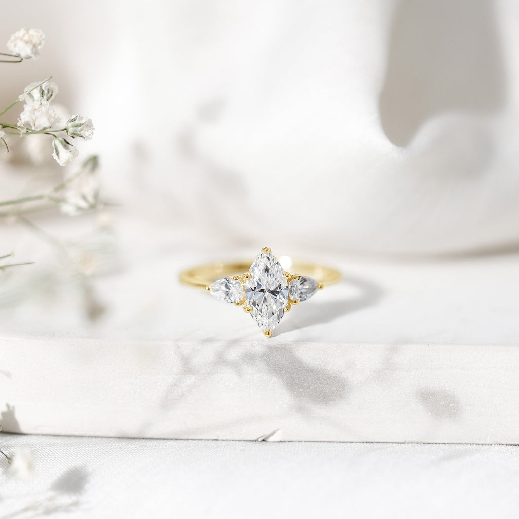 Lab Grown Diamond Ring – Three Stone Engagement Marquise Ring with Sparkling Pear Diamonds