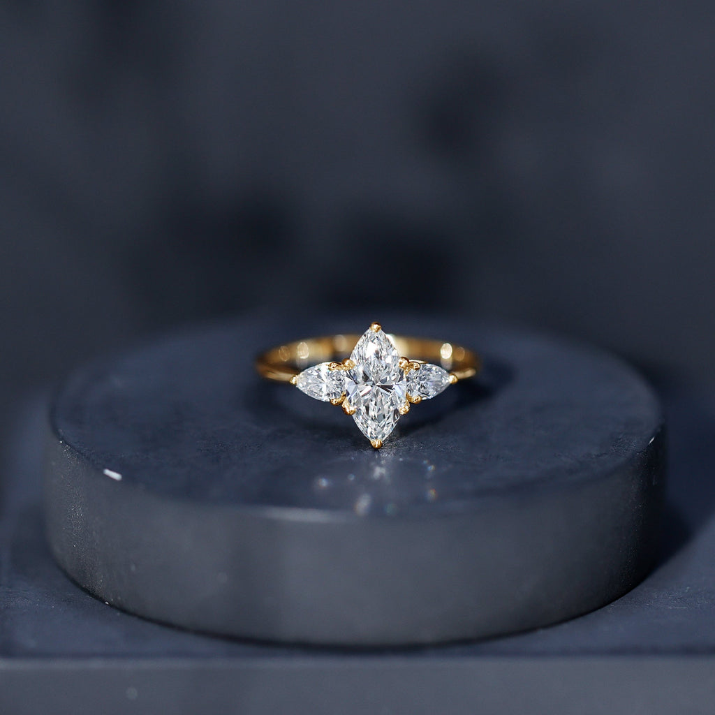 Lab Grown Diamond Ring – Three Stone Engagement Marquise Ring with Sparkling Pear Diamonds