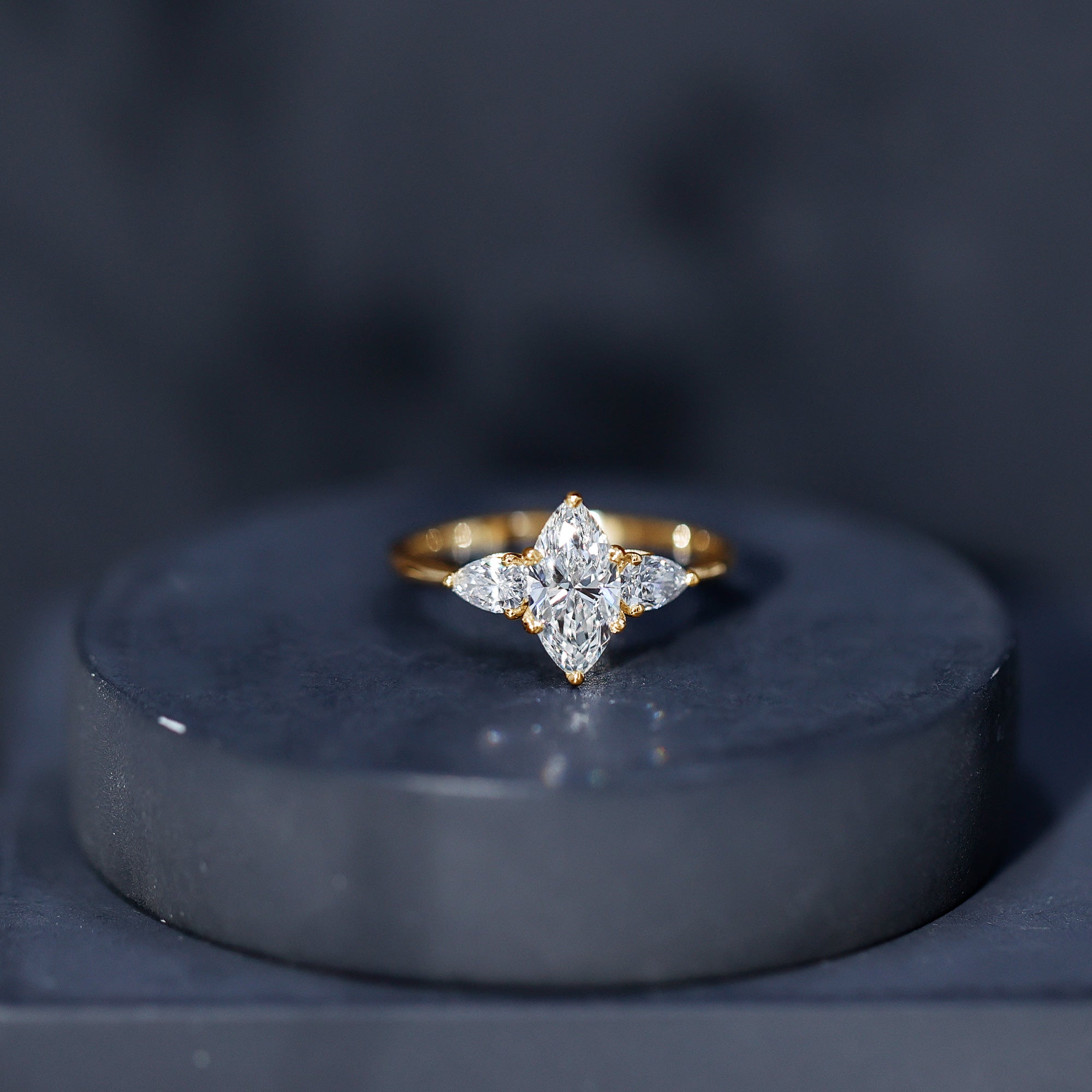 Lab Grown Diamond Ring – Three Stone Engagement Marquise Ring with Sparkling Pear Diamonds
