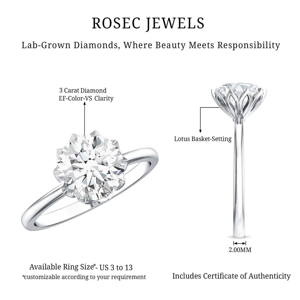 Lab Grown Diamond Ring - 3 Carat Lotus Basket Setting | IGI Certified Solitaire