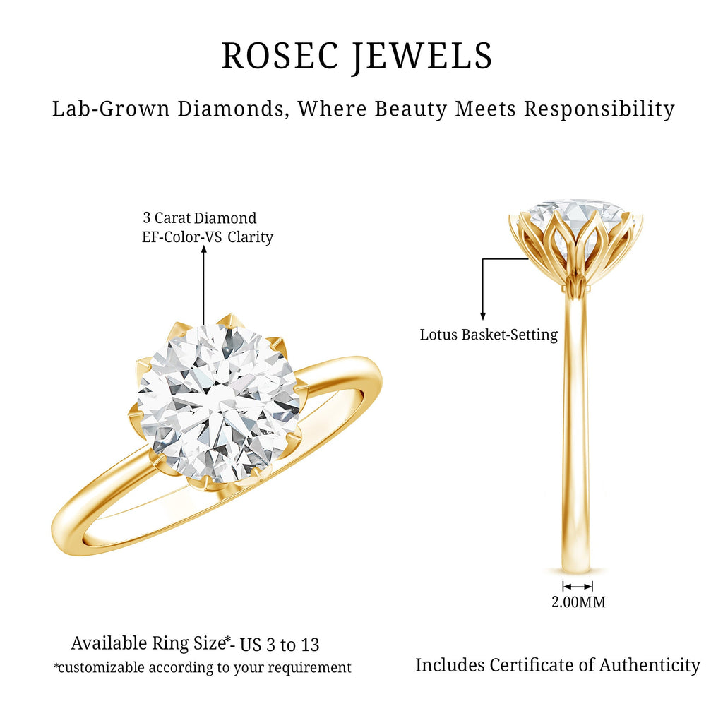 Lab Grown Diamond Ring - 3 Carat Lotus Basket Setting | IGI Certified Solitaire