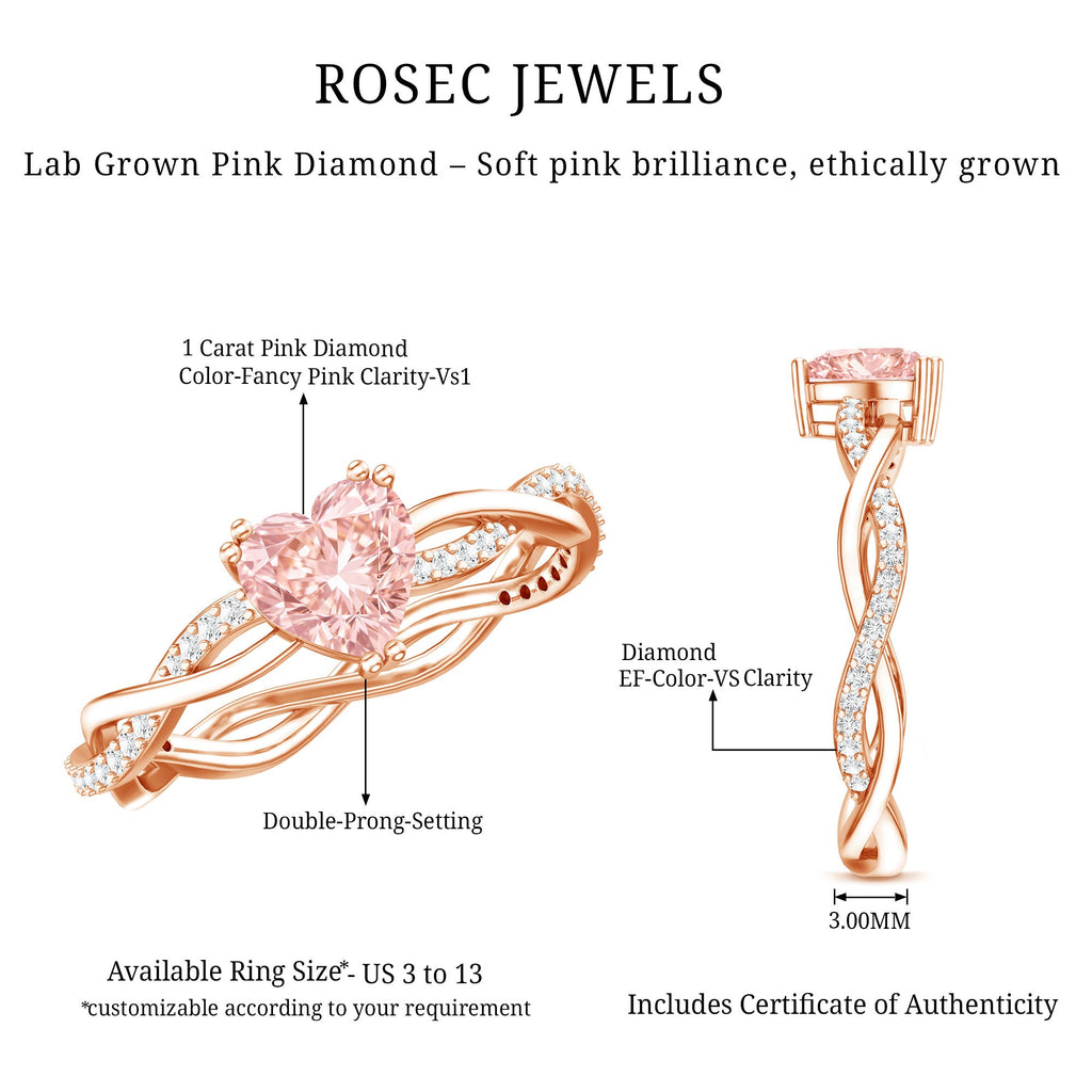 Pink Diamond Engagement Ring - 1 Carat Heart Shape Lab Grown Diamond with Crossover Shank