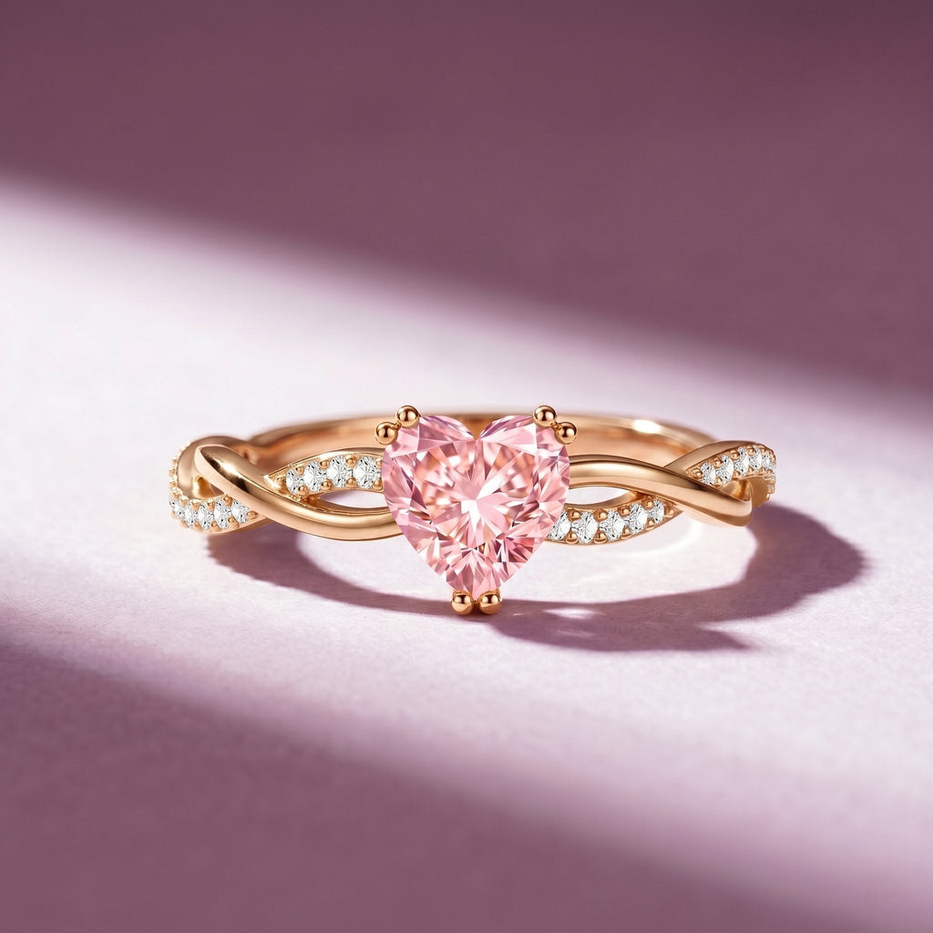Pink Diamond Engagement Ring - 1 Carat Heart Shape Lab Grown Diamond with Crossover Shank