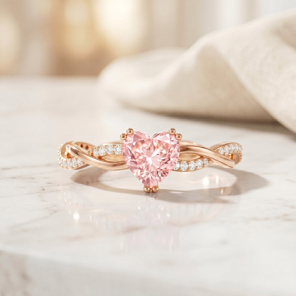 Pink Diamond Engagement Ring - 1 Carat Heart Shape Lab Grown Diamond with Crossover Shank