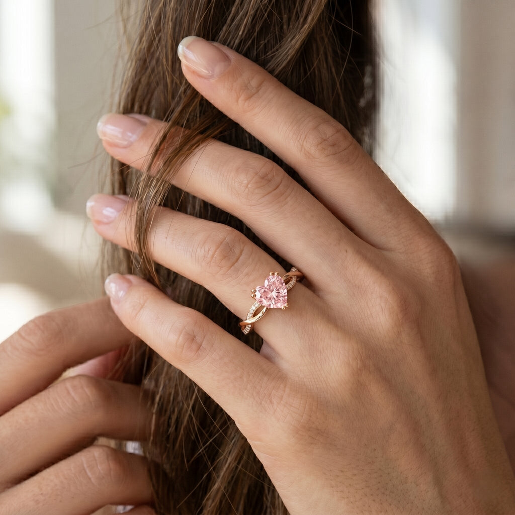 Pink Diamond Engagement Ring - 1 Carat Heart Shape Lab Grown Diamond with Crossover Shank