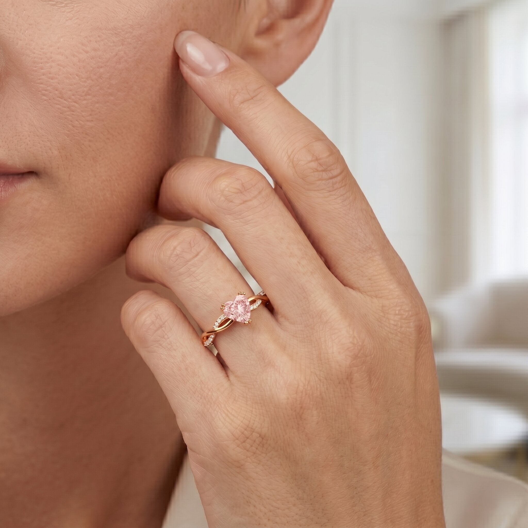 Pink Diamond Engagement Ring - 1 Carat Heart Shape Lab Grown Diamond with Crossover Shank