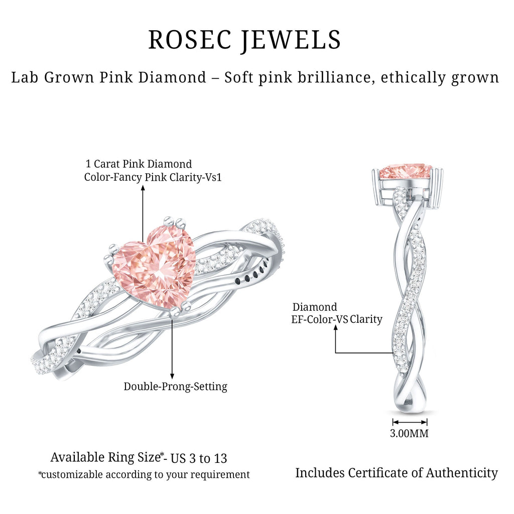 Pink Diamond Engagement Ring - 1 Carat Heart Shape Lab Grown Diamond with Crossover Shank