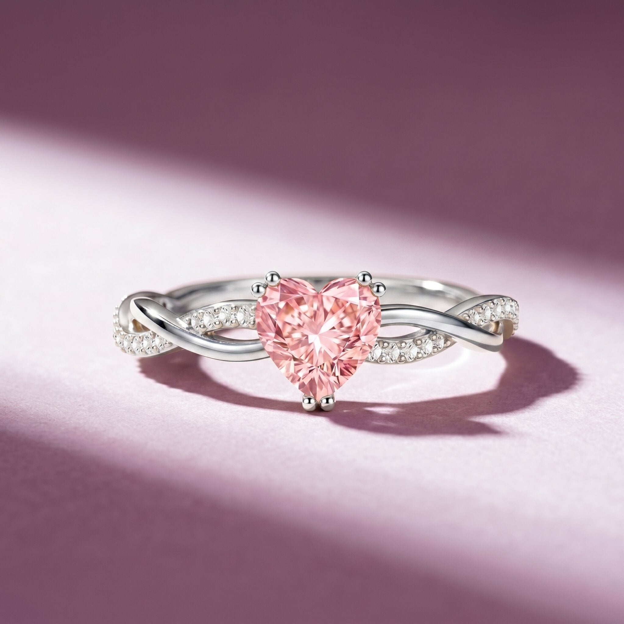 Pink Diamond Engagement Ring - 1 Carat Heart Shape Lab Grown Diamond with Crossover Shank