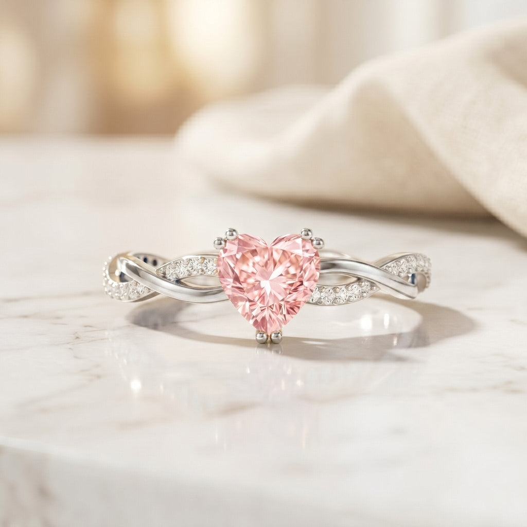 Pink Diamond Engagement Ring - 1 Carat Heart Shape Lab Grown Diamond with Crossover Shank
