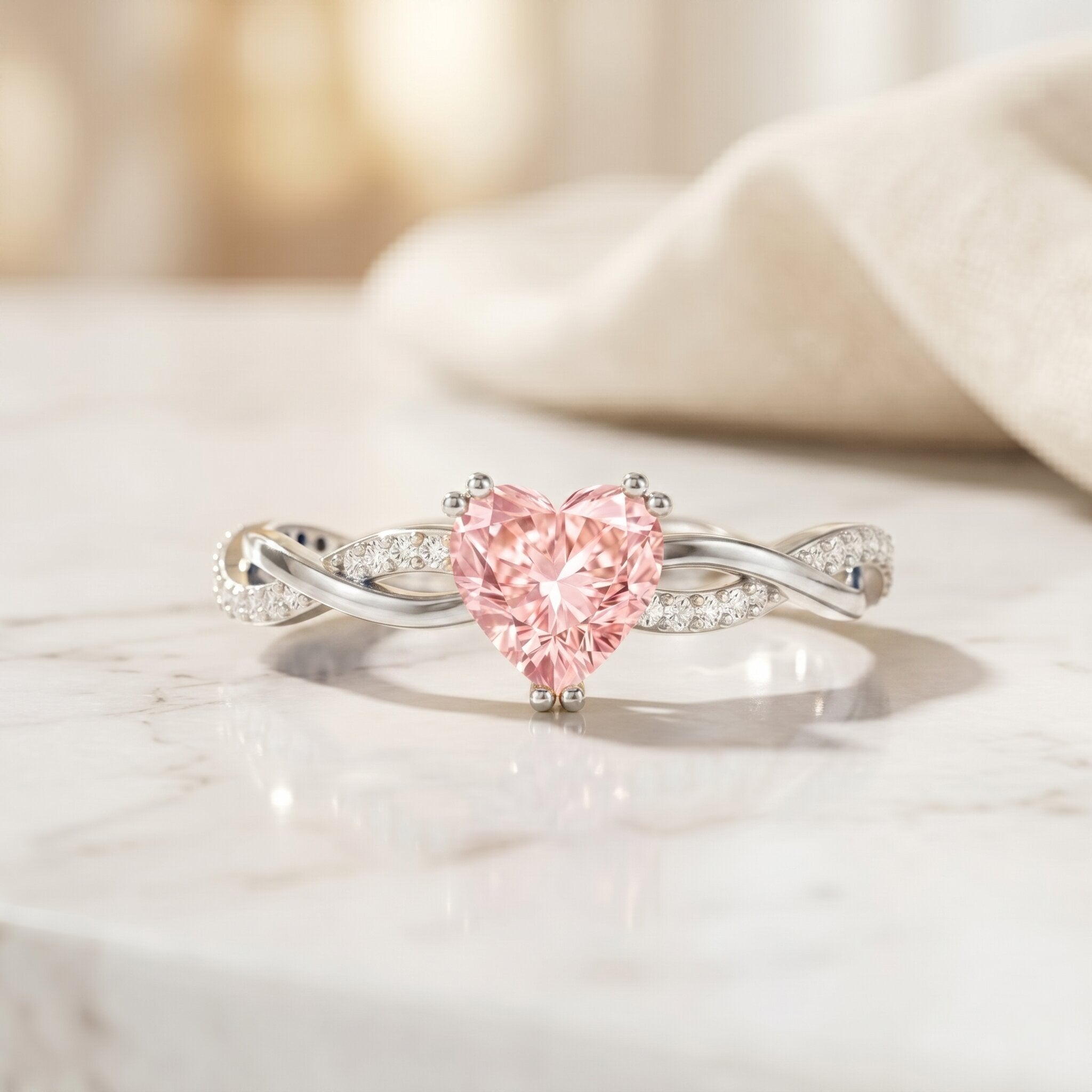 Pink Diamond Engagement Ring - 1 Carat Heart Shape Lab Grown Diamond with Crossover Shank
