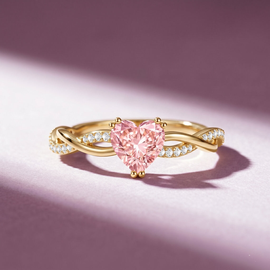 Pink Diamond Engagement Ring - 1 Carat Heart Shape Lab Grown Diamond with Crossover Shank