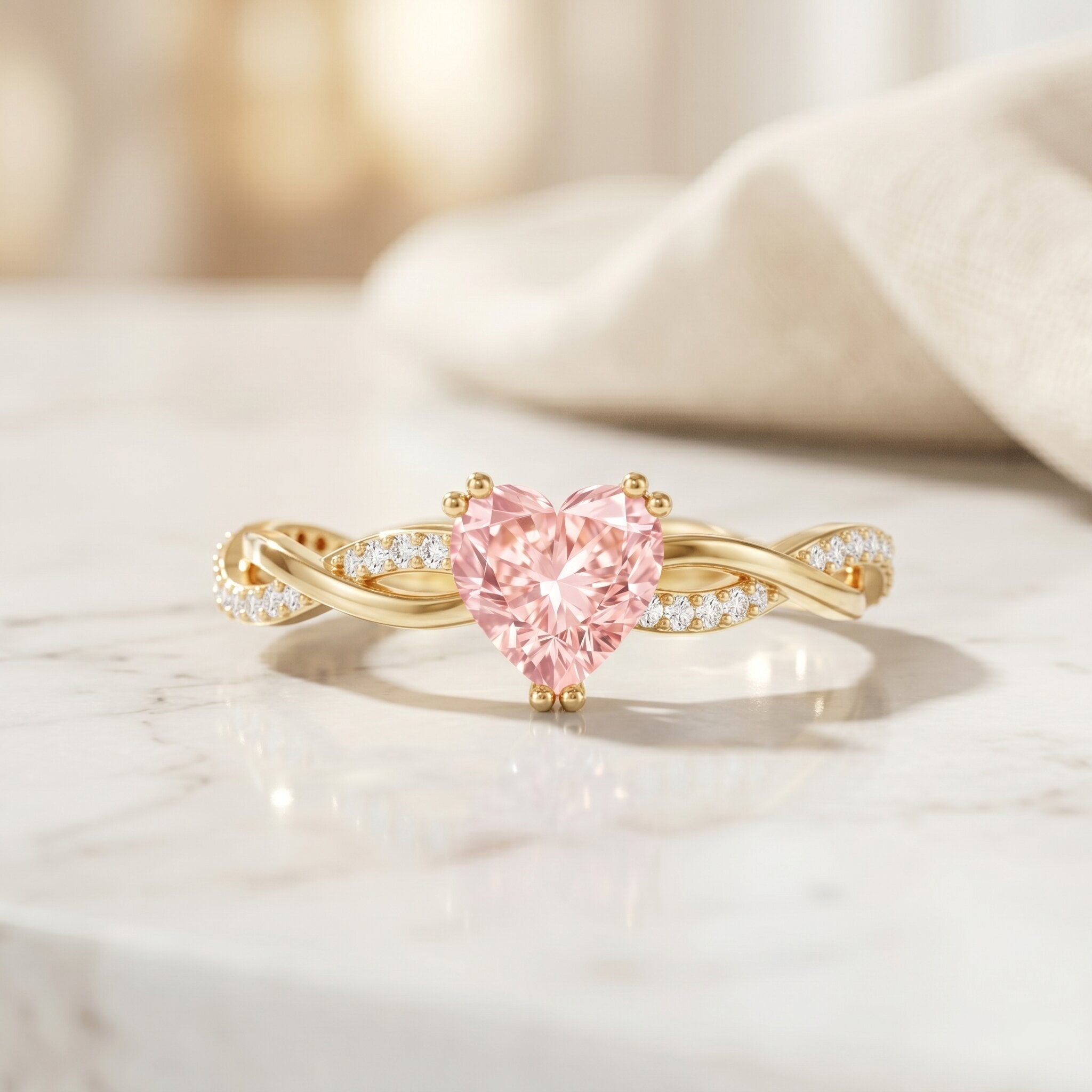 Pink Diamond Engagement Ring - 1 Carat Heart Shape Lab Grown Diamond with Crossover Shank