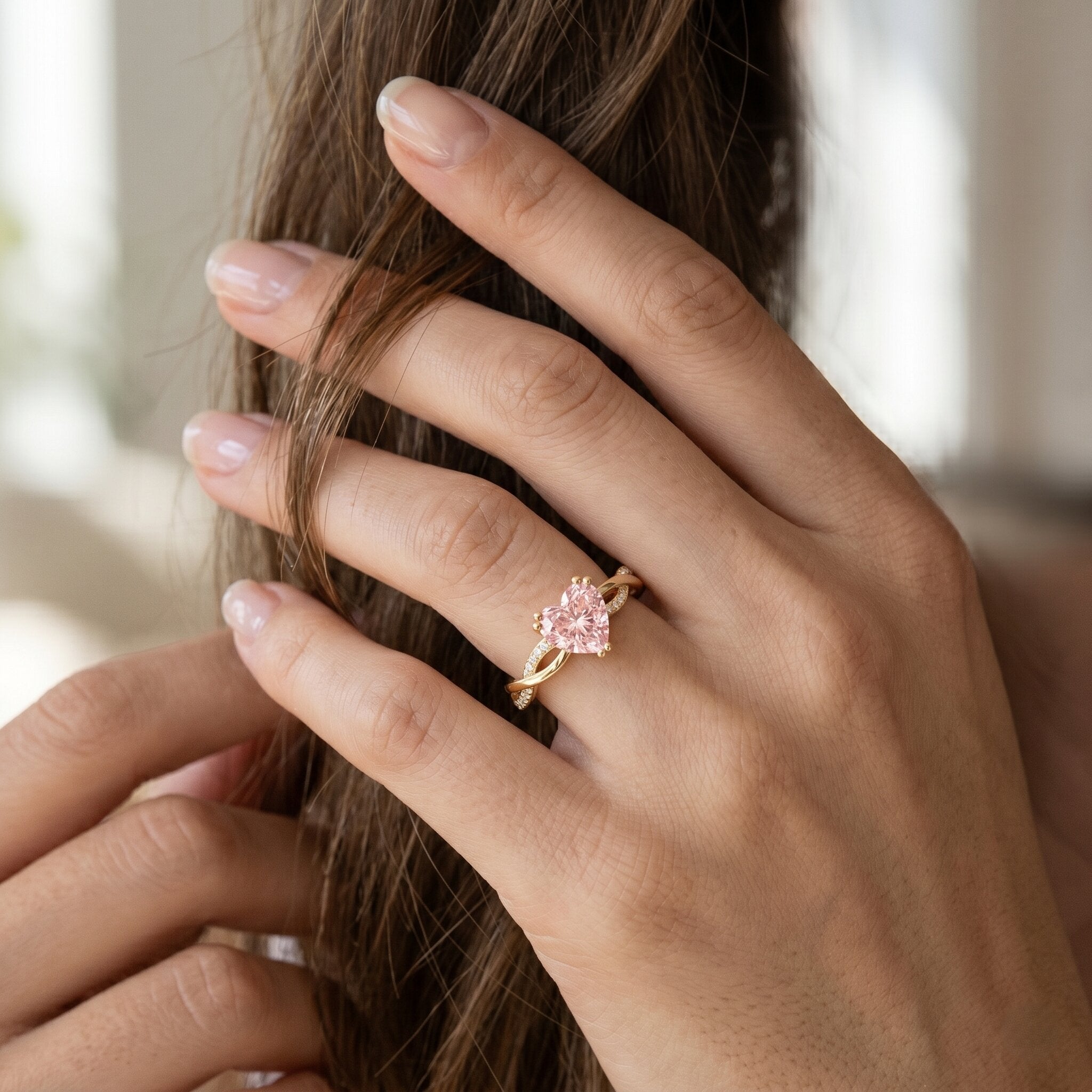 Pink Diamond Engagement Ring - 1 Carat Heart Shape Lab Grown Diamond with Crossover Shank