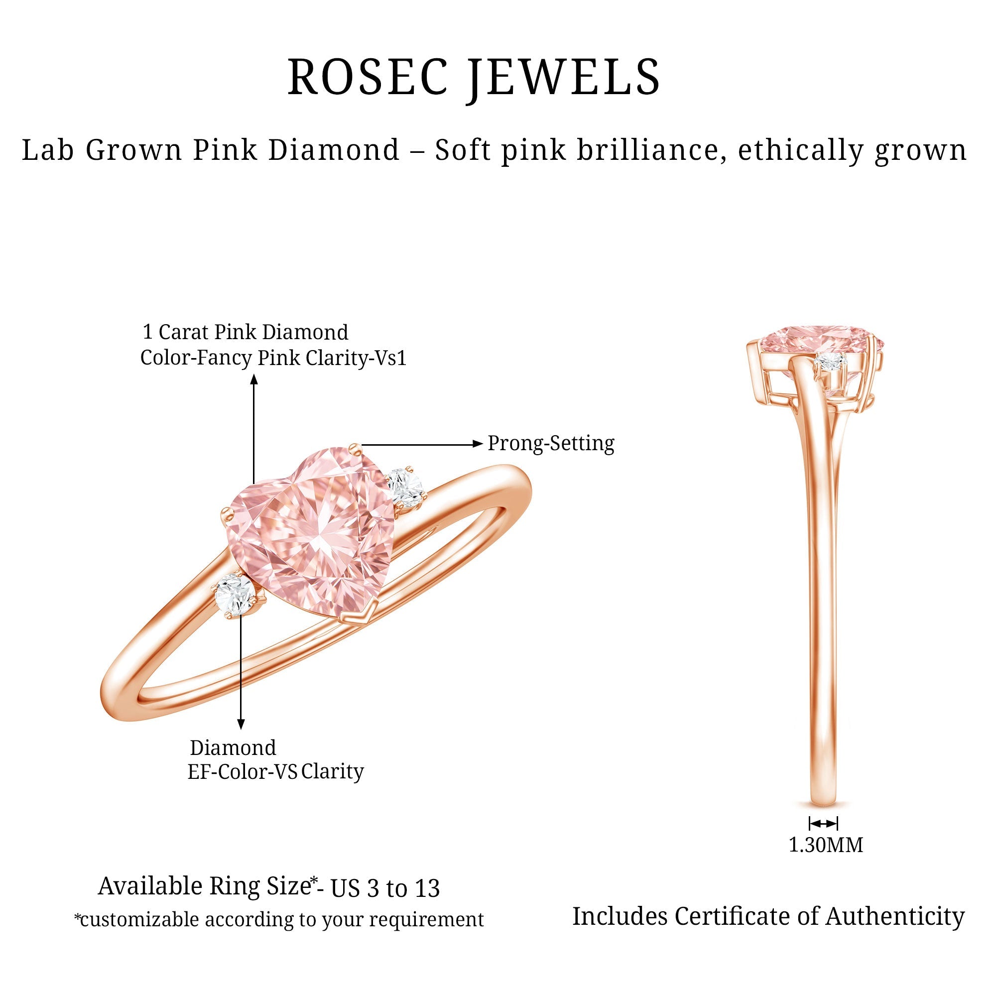 Lab Grown Pink Diamond Ring – 1 Carat Heart Cut Promise Ring Women | Rosec Jewels