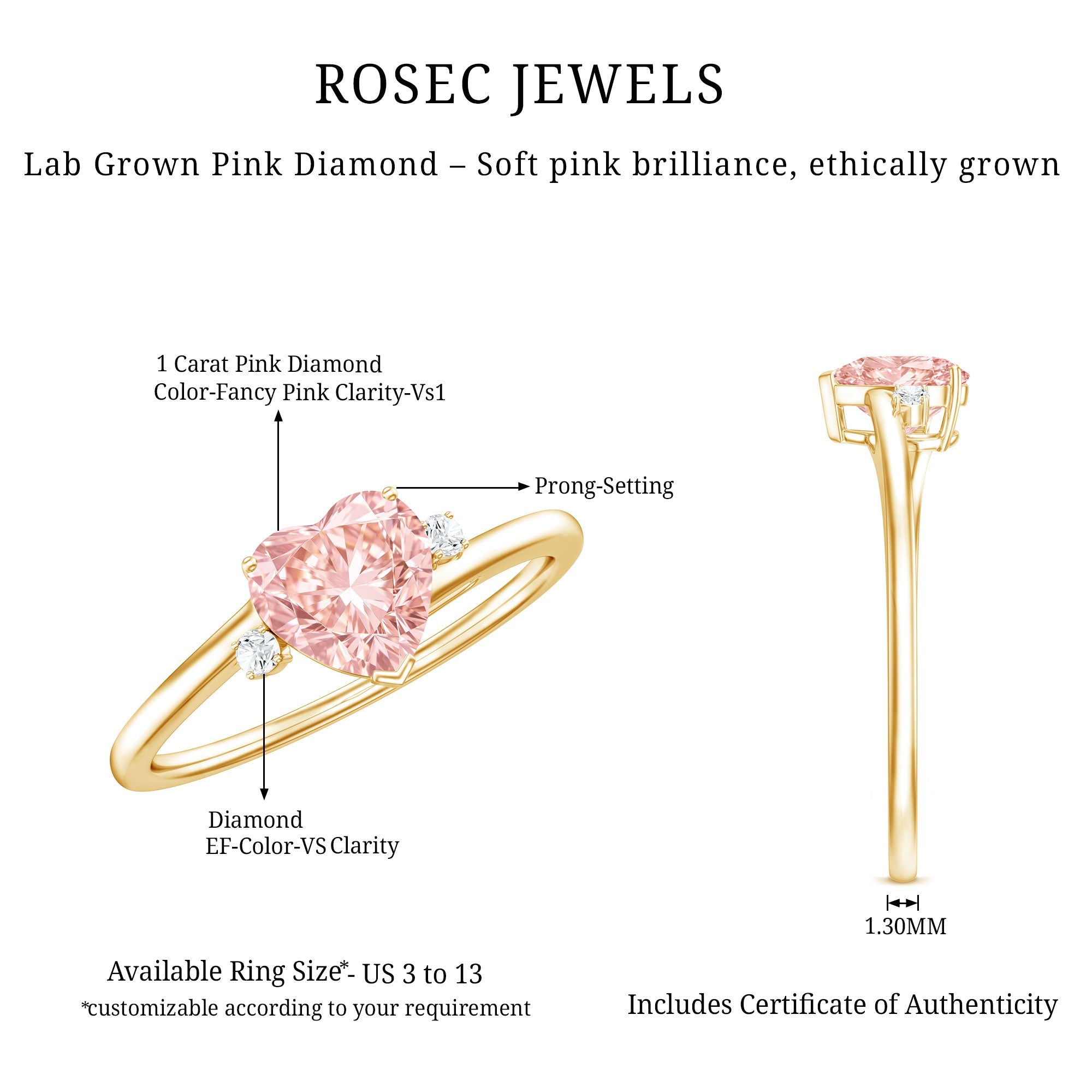 Lab Grown Pink Diamond Ring – 1 Carat Heart Cut Promise Ring Women | Rosec Jewels