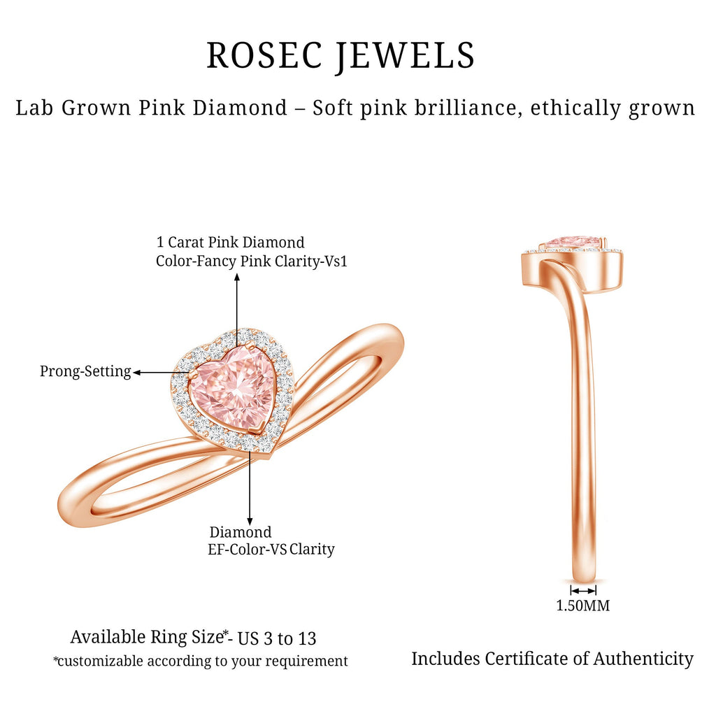 Lab Grown Pink Diamond Ring – Heart Shaped 1 Carat Halo Promise Jewelry