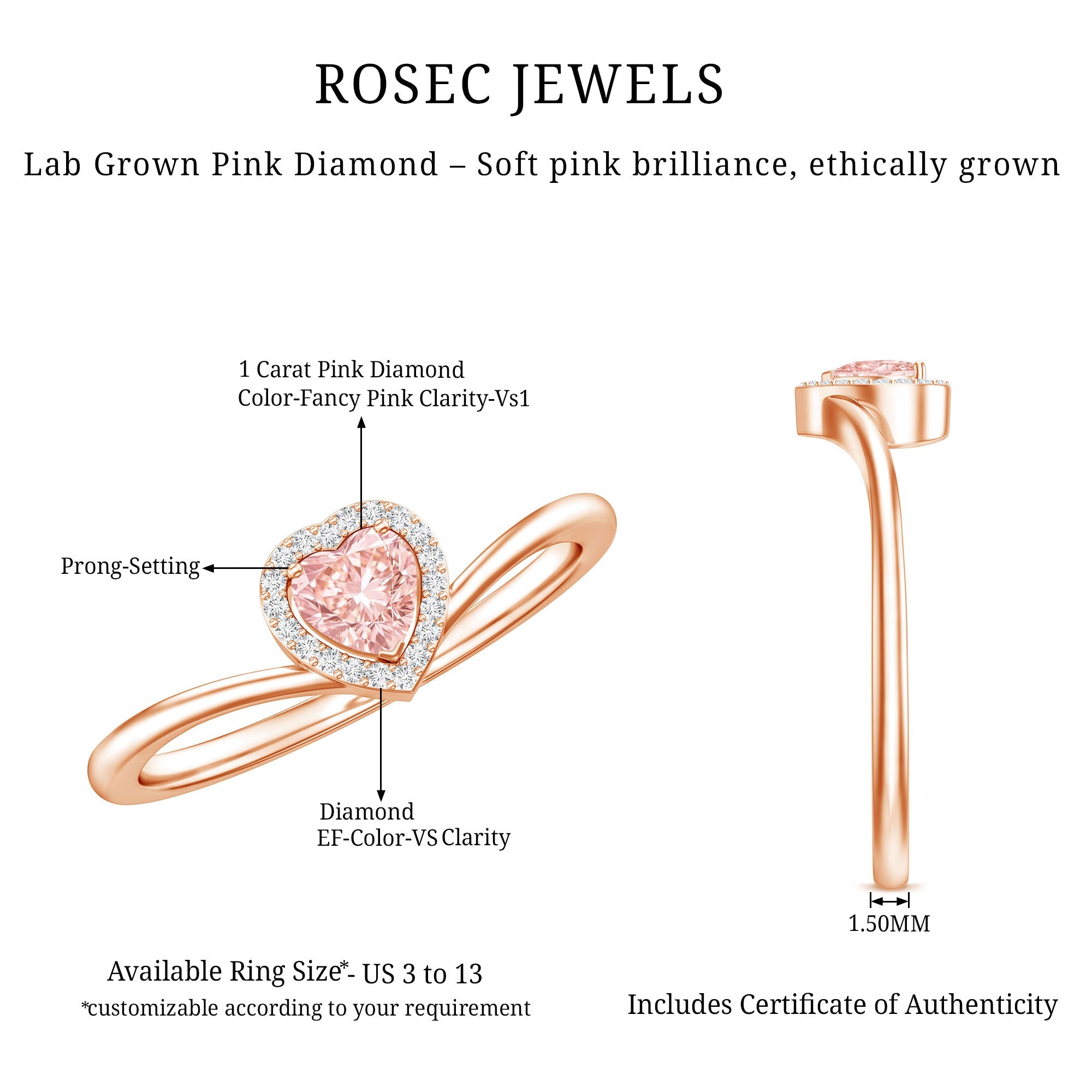 Lab Grown Pink Diamond Ring – Heart Shaped 1 Carat Halo Promise Jewelry