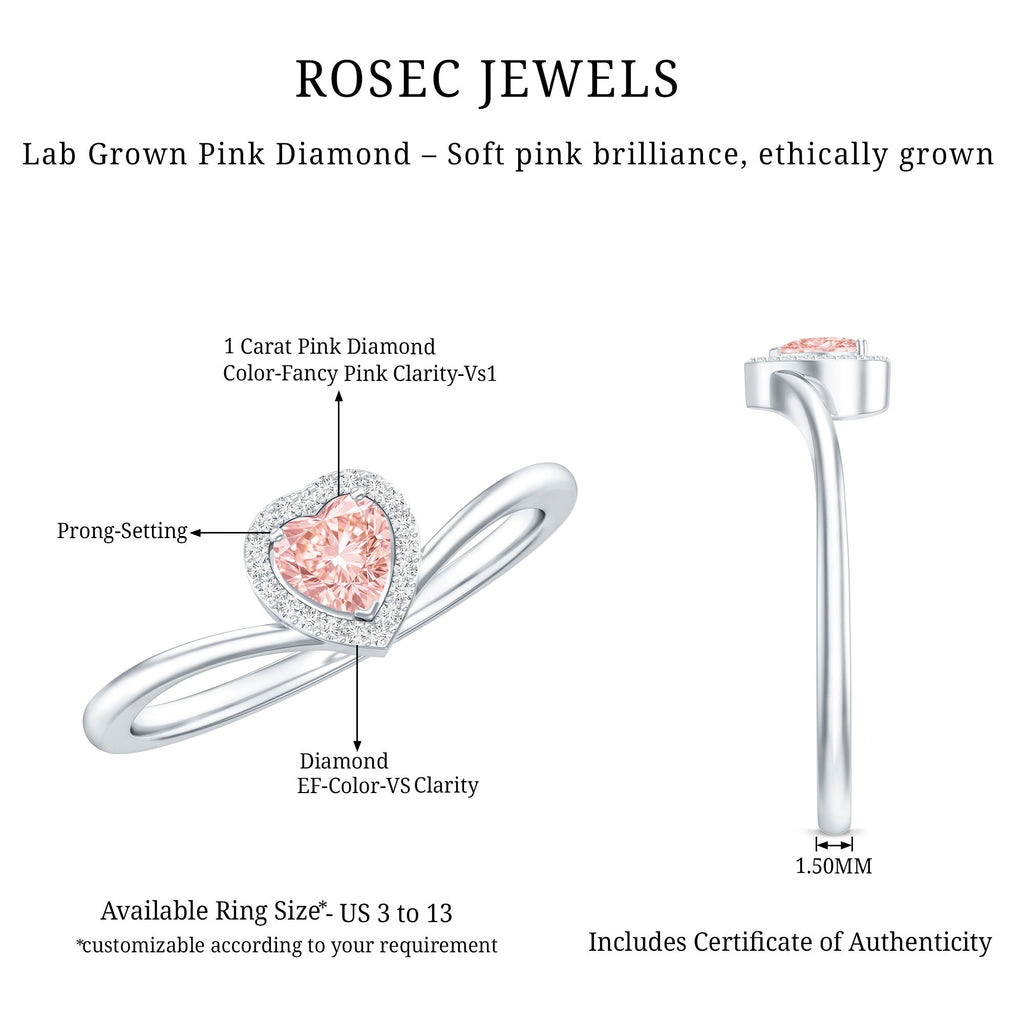 Lab Grown Pink Diamond Ring – Heart Shaped 1 Carat Halo Promise Jewelry