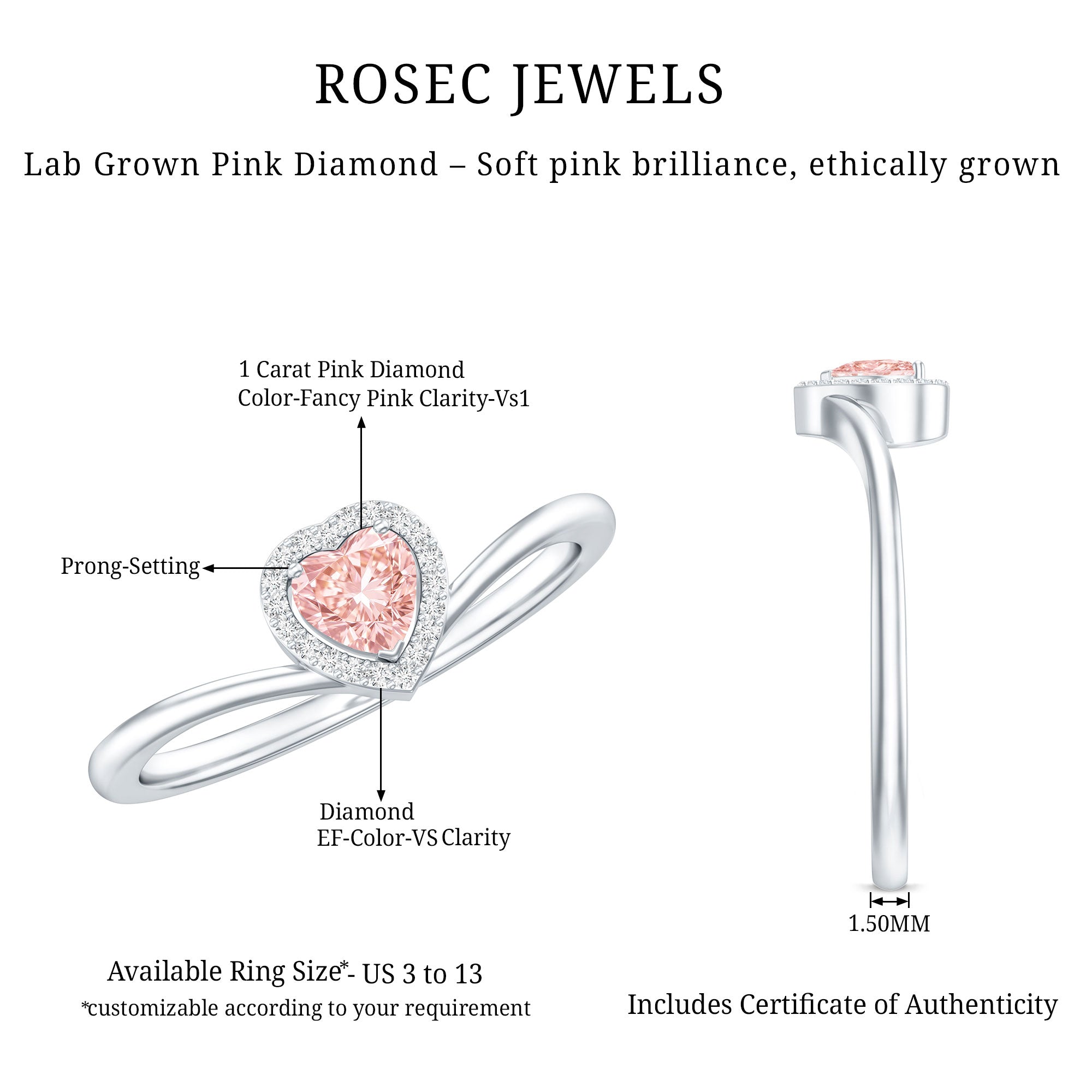 Lab Grown Pink Diamond Ring – Heart Shaped 1 Carat Halo Promise Jewelry