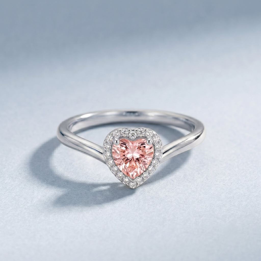Lab Grown Pink Diamond Ring – Heart Shaped 1 Carat Halo Promise Jewelry
