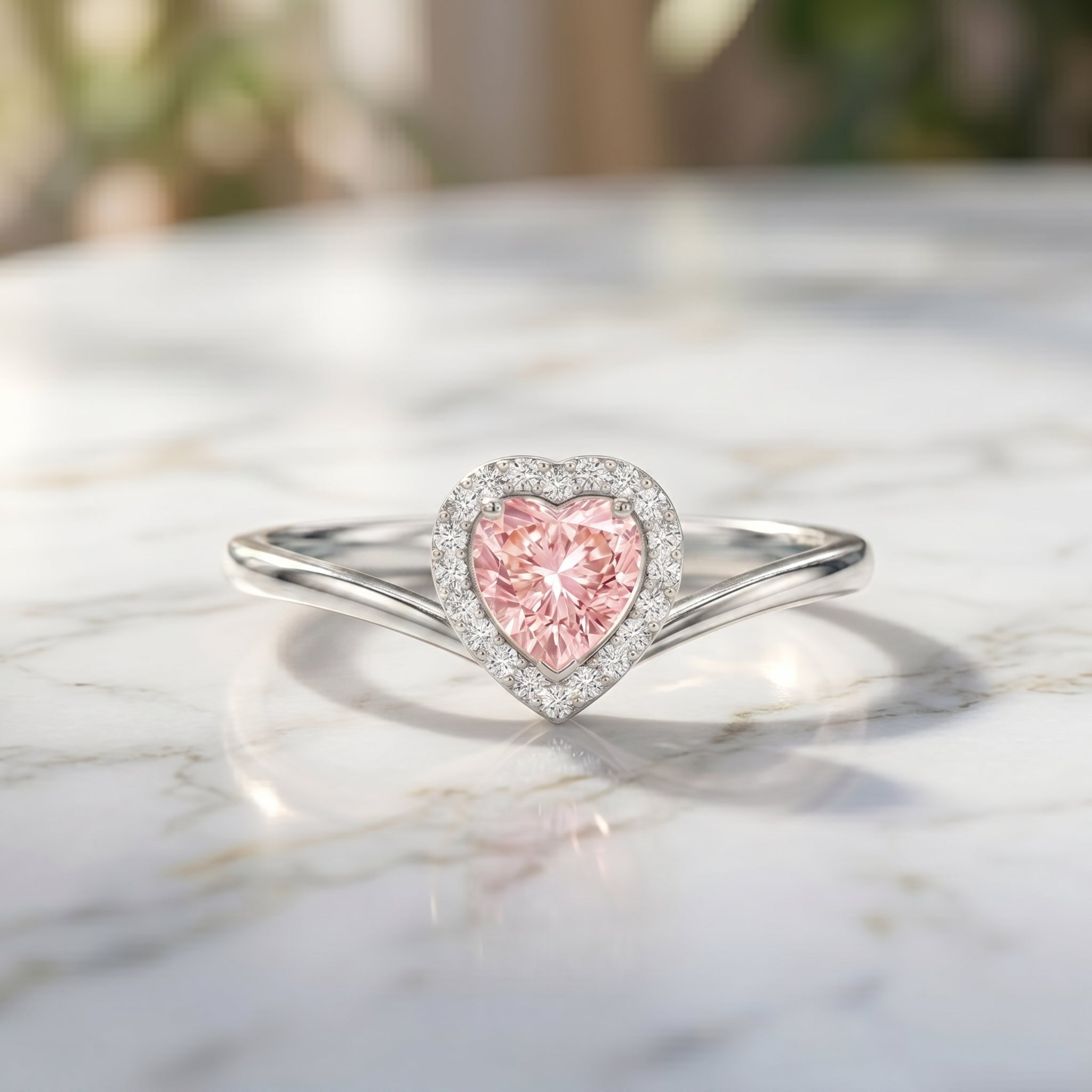 Lab Grown Pink Diamond Ring – Heart Shaped 1 Carat Halo Promise Jewelry