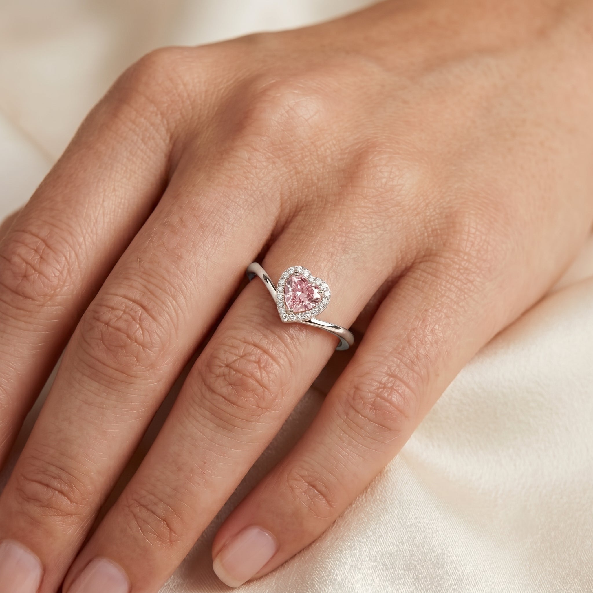 Lab Grown Pink Diamond Ring – Heart Shaped 1 Carat Halo Promise Jewelry