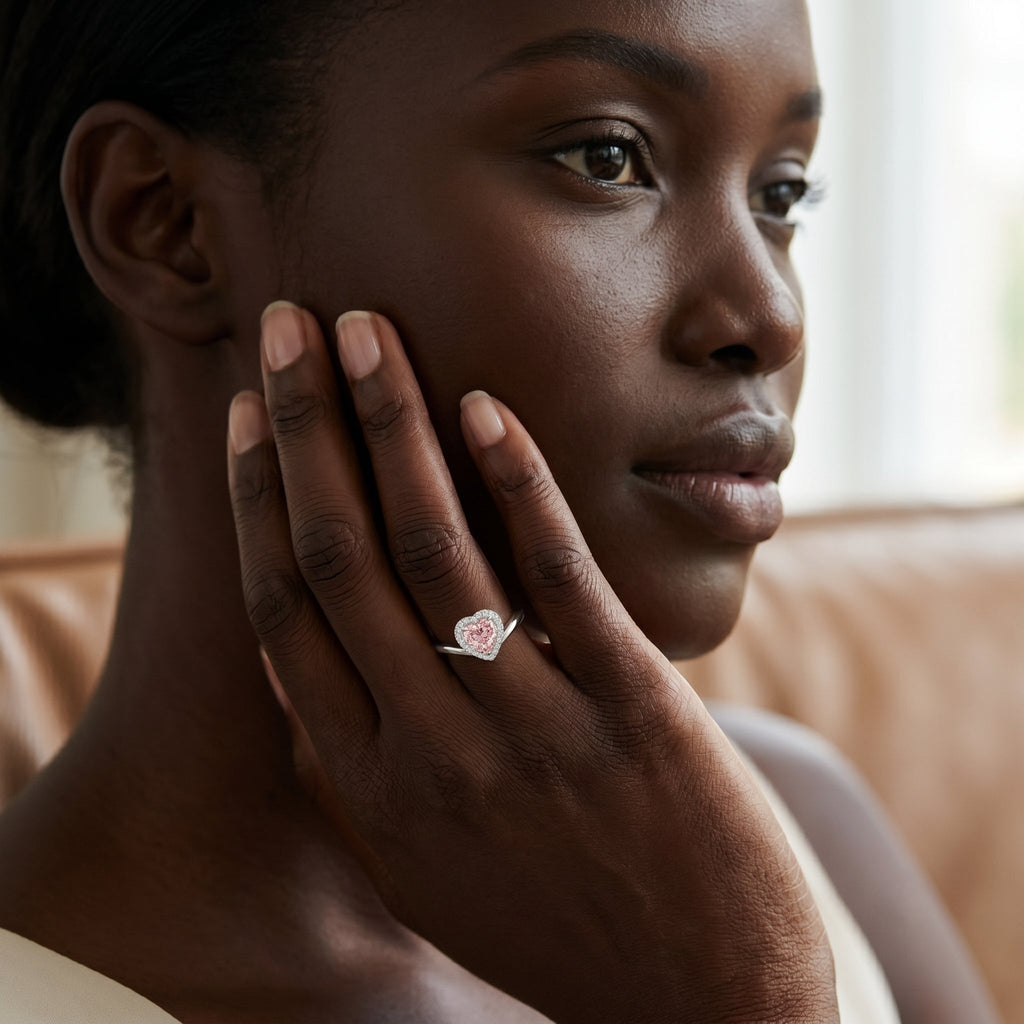 Lab Grown Pink Diamond Ring – Heart Shaped 1 Carat Halo Promise Jewelry