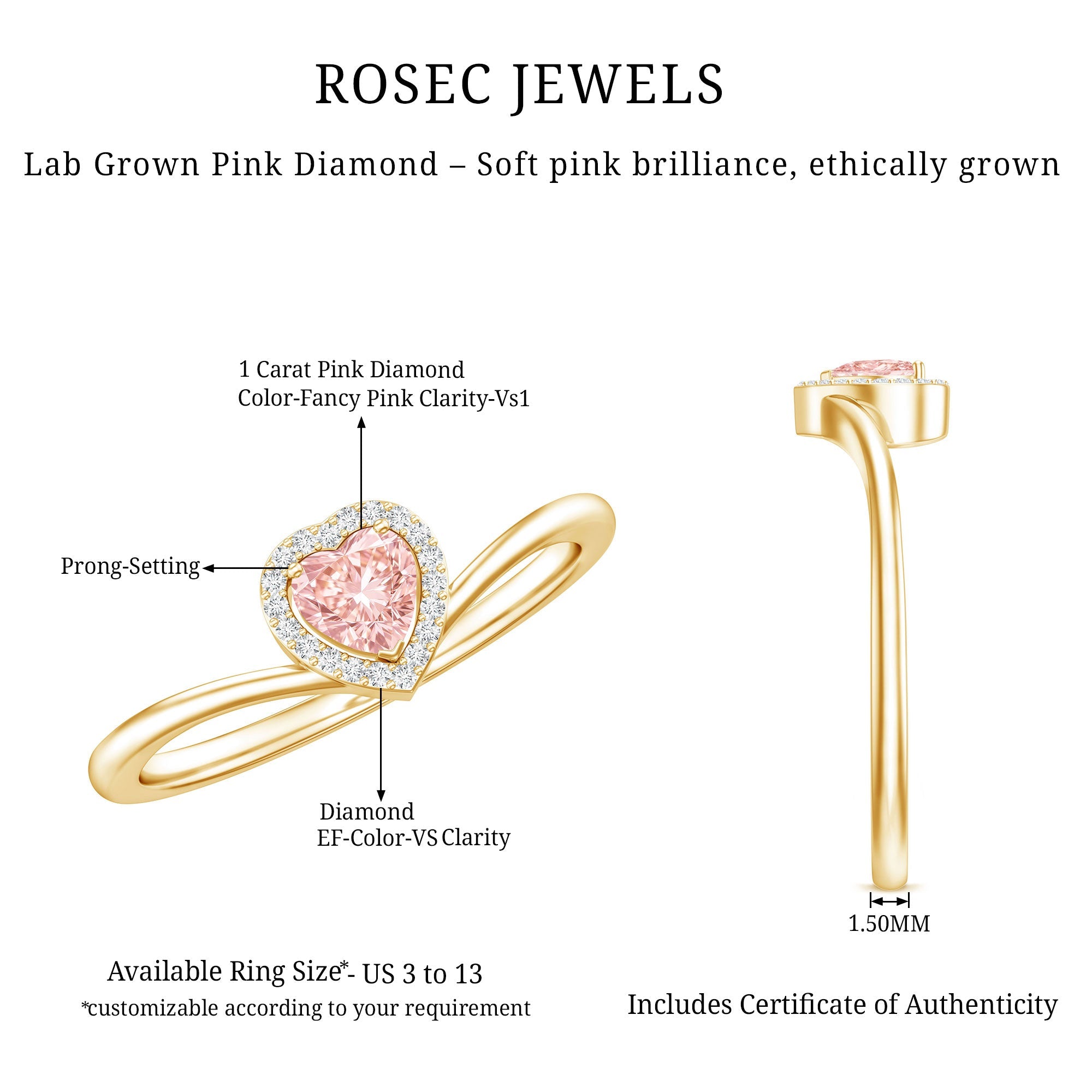 Lab Grown Pink Diamond Ring – Heart Shaped 1 Carat Halo Promise Jewelry