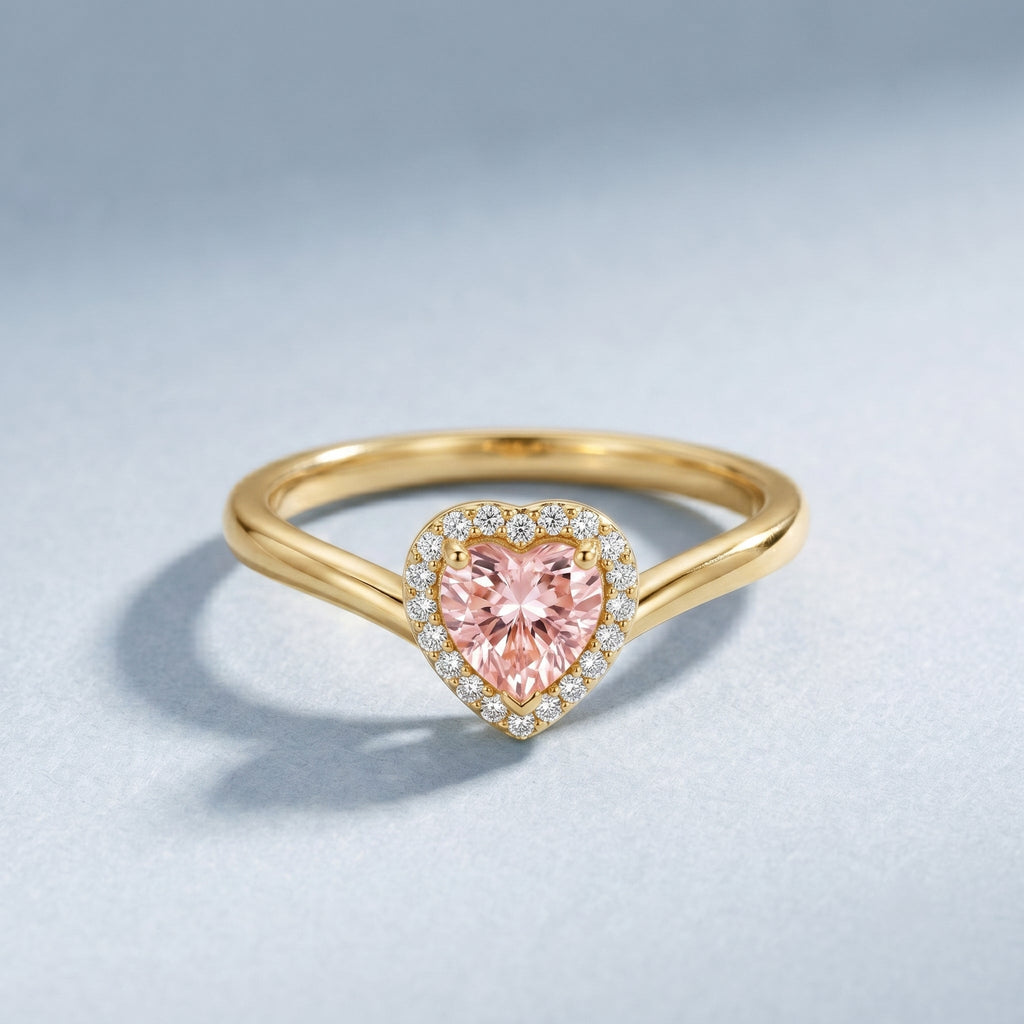Lab Grown Pink Diamond Ring – Heart Shaped 1 Carat Halo Promise Jewelry