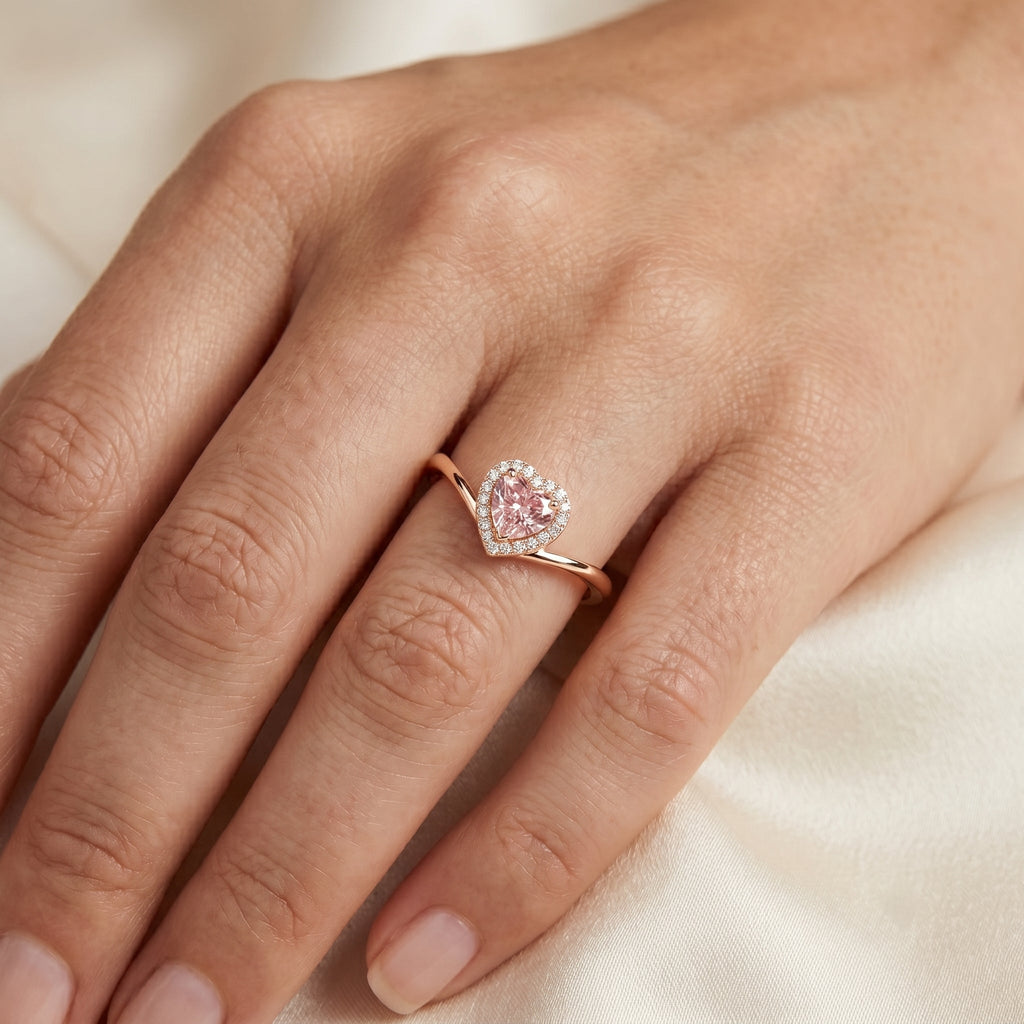 Lab Grown Pink Diamond Ring – Heart Shaped 1 Carat Halo Promise Jewelry