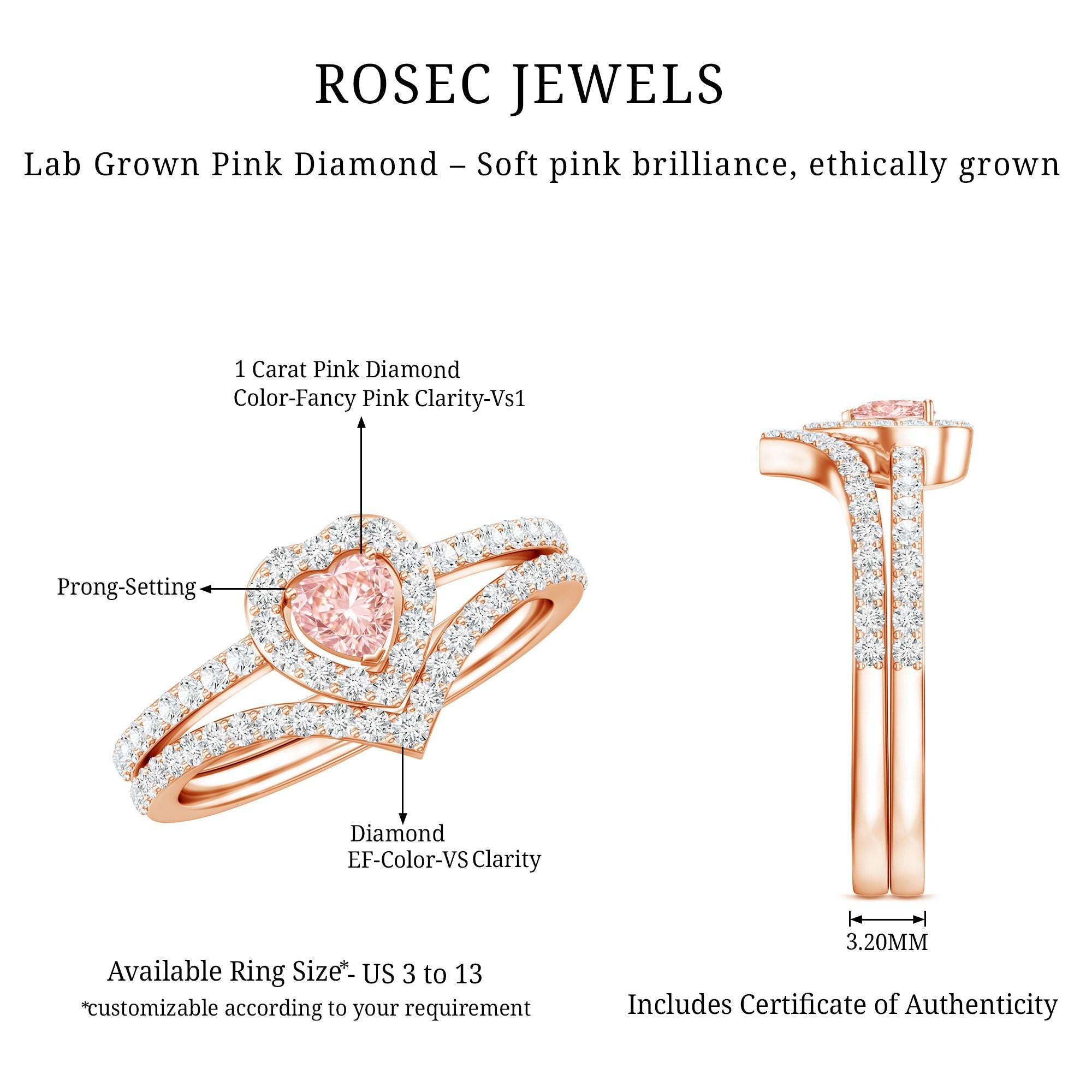 Heart Shape Diamond Ring – Lab Grown Pink Diamond Wedding Ring Set with IGI Certificate