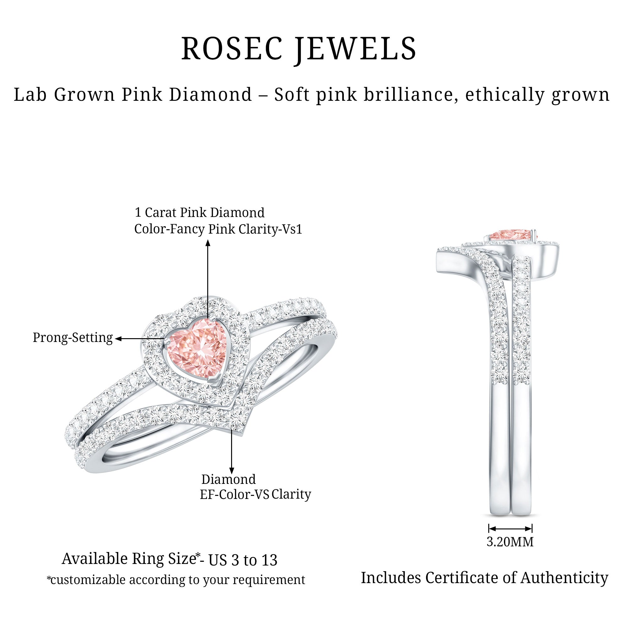 Heart Shape Diamond Ring – Lab Grown Pink Diamond Wedding Ring Set with IGI Certificate