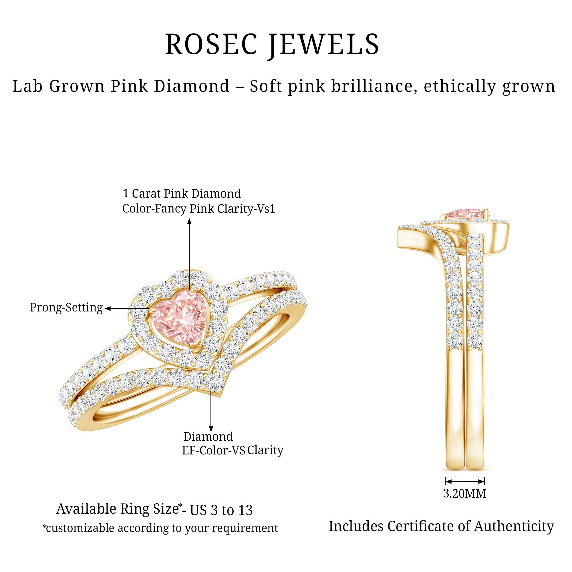 Heart Shape Diamond Ring – Lab Grown Pink Diamond Wedding Ring Set with IGI Certificate