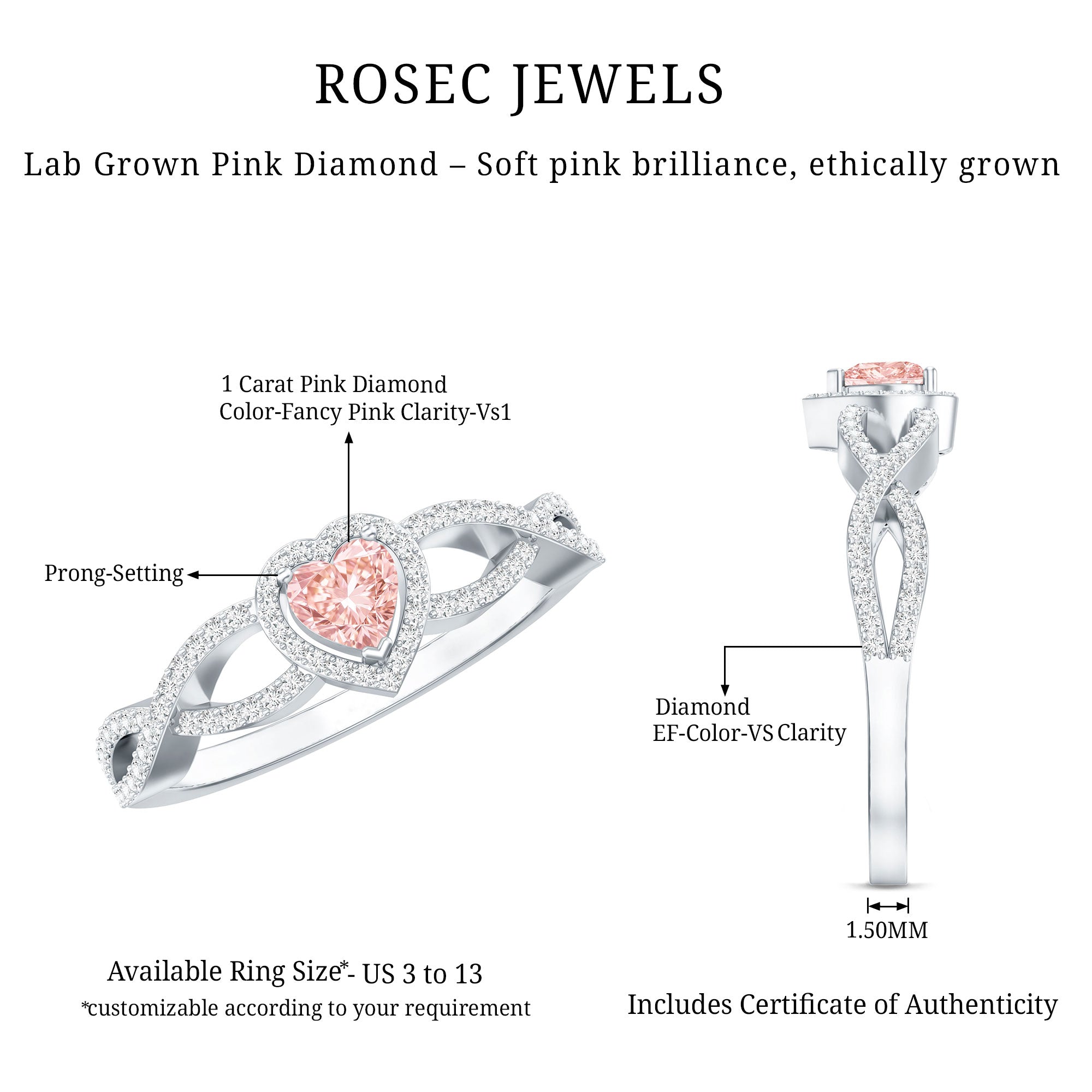 Lab Grown Pink Diamond Ring – 1 Carat Heart Shaped Classic Engagement Ring