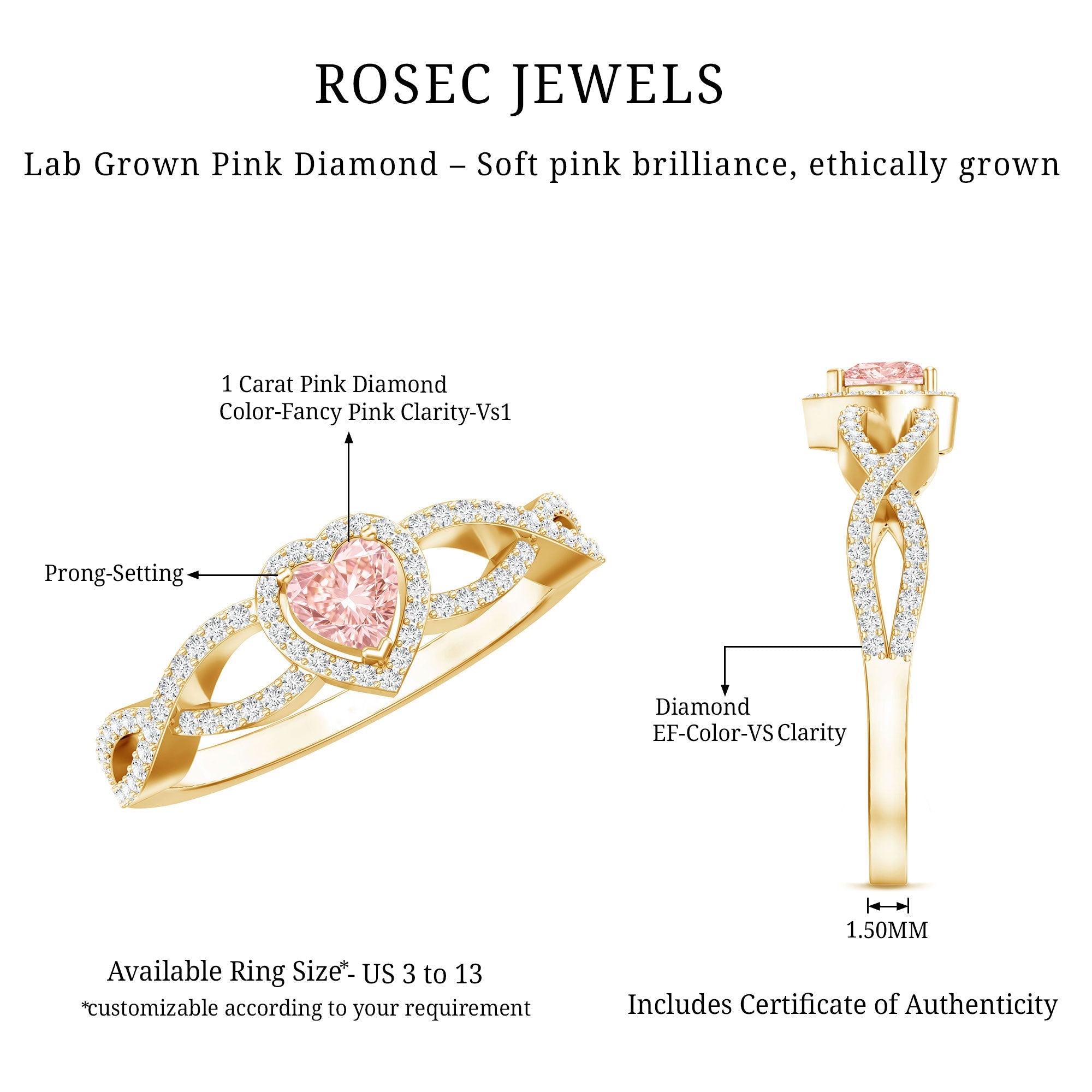 Lab Grown Pink Diamond Ring – 1 Carat Heart Shaped Classic Engagement Ring