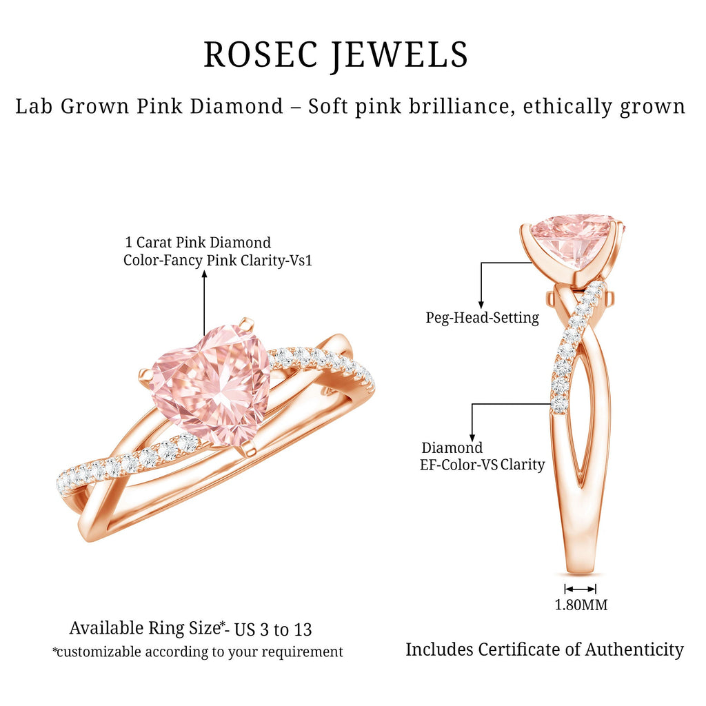 Lab Grown Pink Diamond Ring - 1 Carat Heart Shape Solitaire Engagement Ring