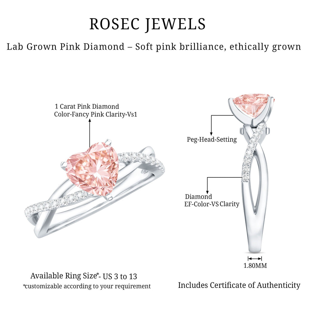 Lab Grown Pink Diamond Ring - 1 Carat Heart Shape Solitaire Engagement Ring