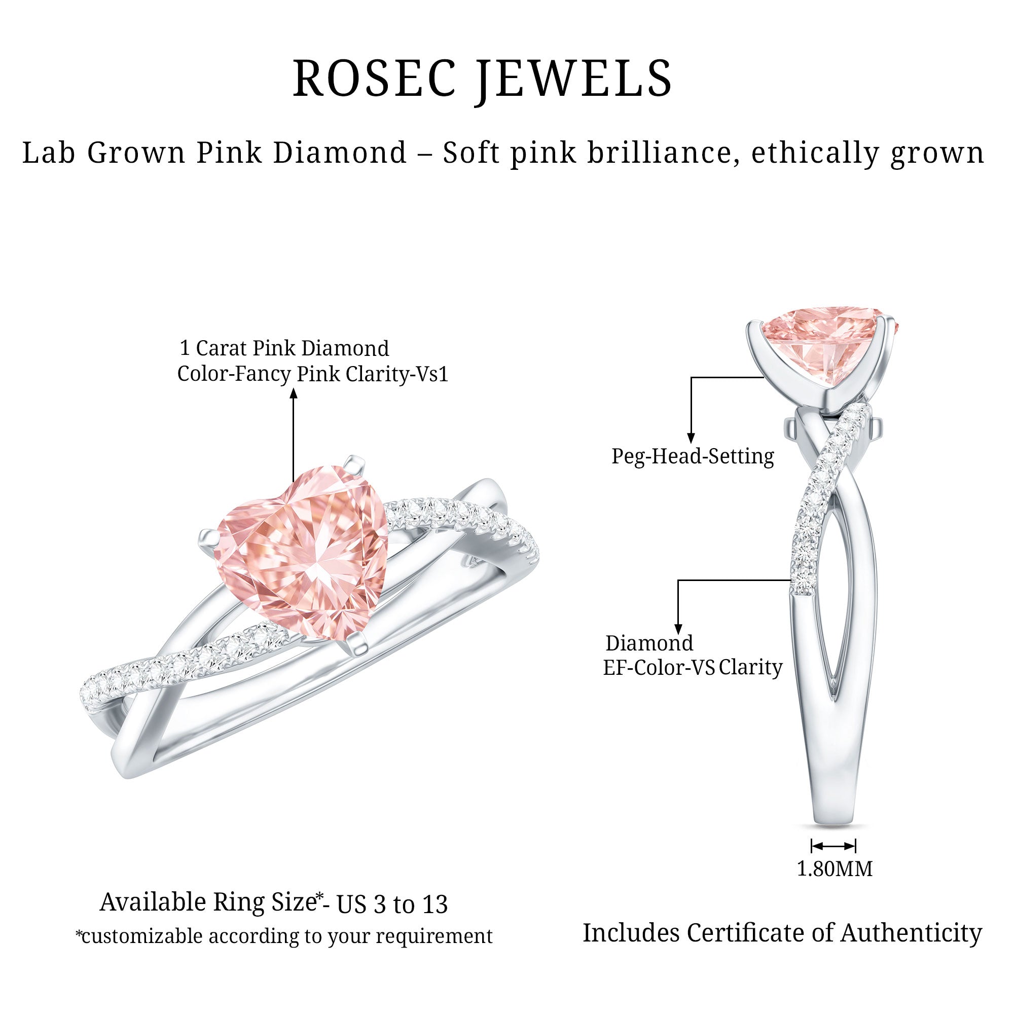 Lab Grown Pink Diamond Ring - 1 Carat Heart Shape Solitaire Engagement Ring
