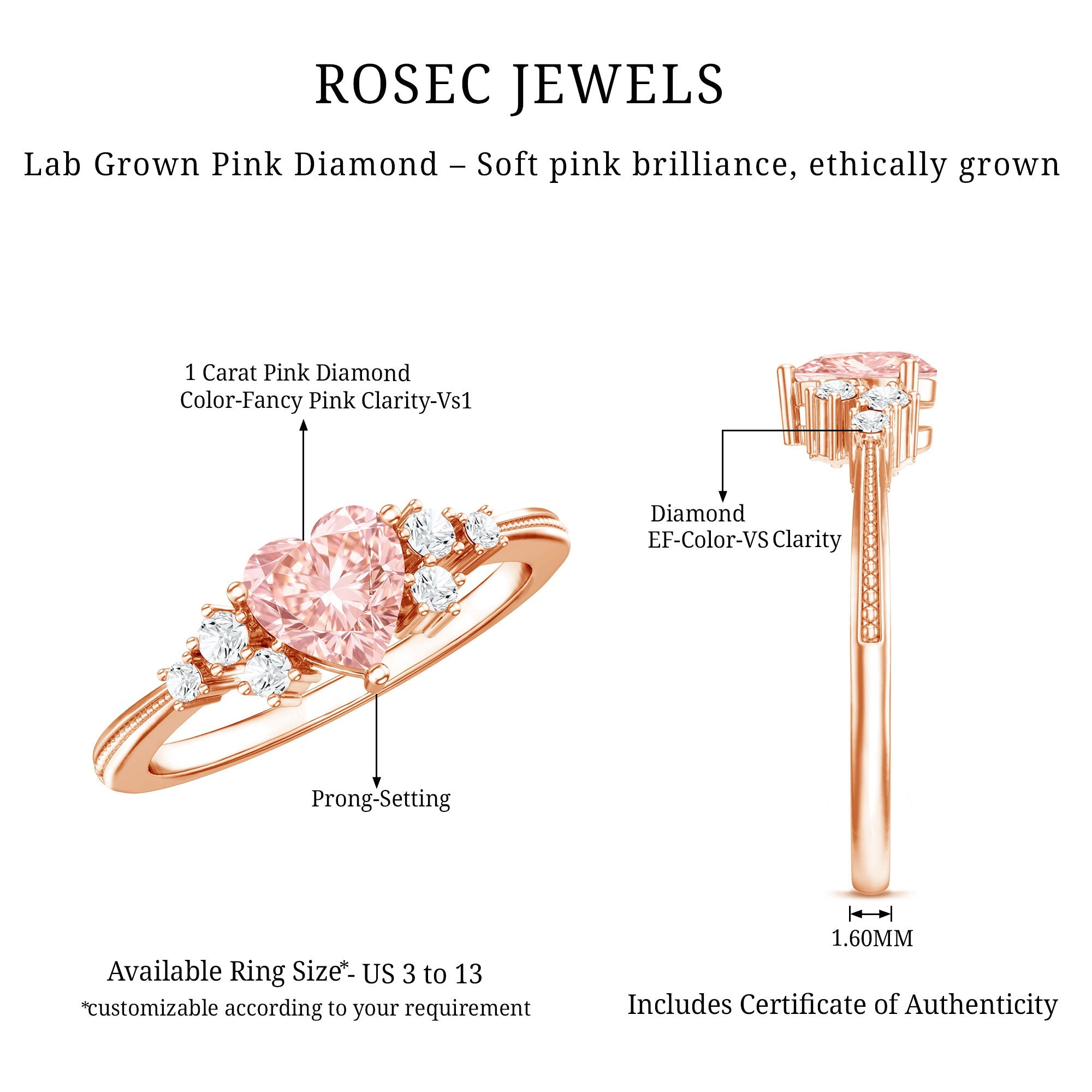 Lab Grown Pink Diamond Ring – 1 Carat Heart Shape Engagement Ring | IGI Certified
