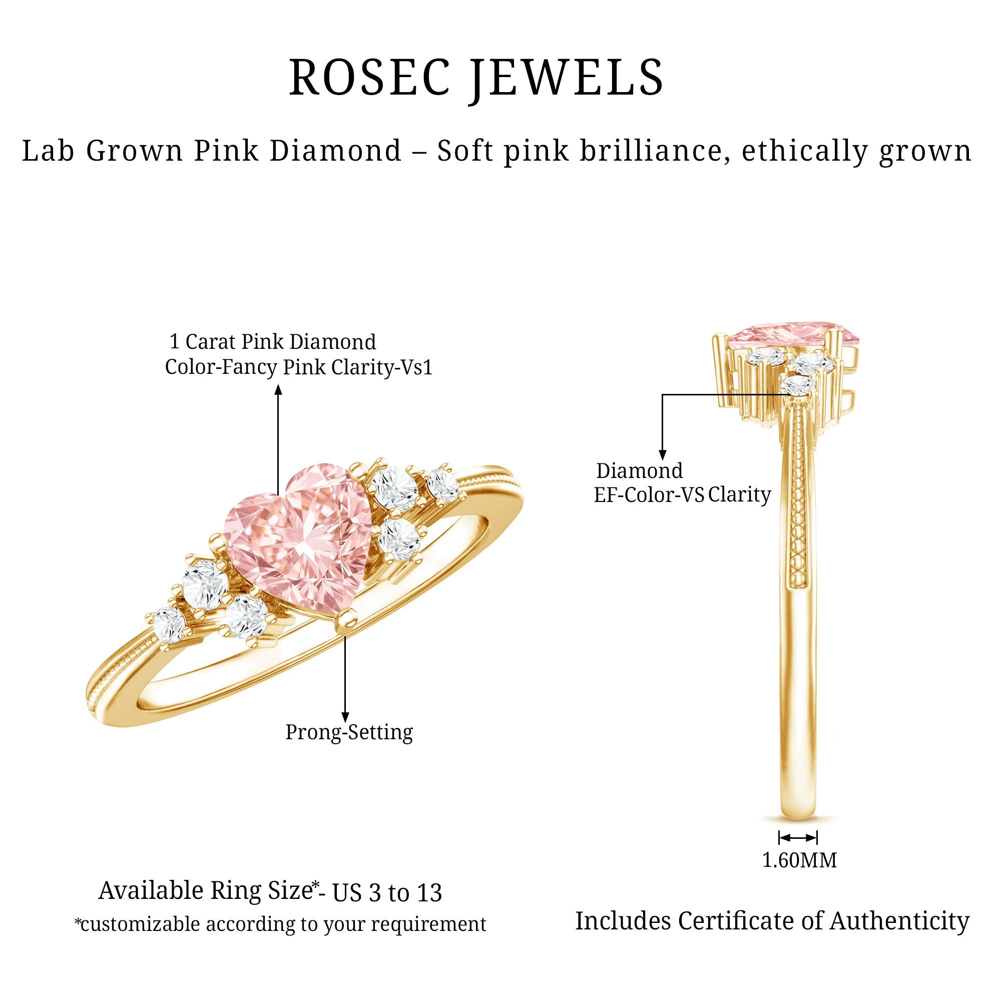 Lab Grown Pink Diamond Ring – 1 Carat Heart Shape Engagement Ring | IGI Certified