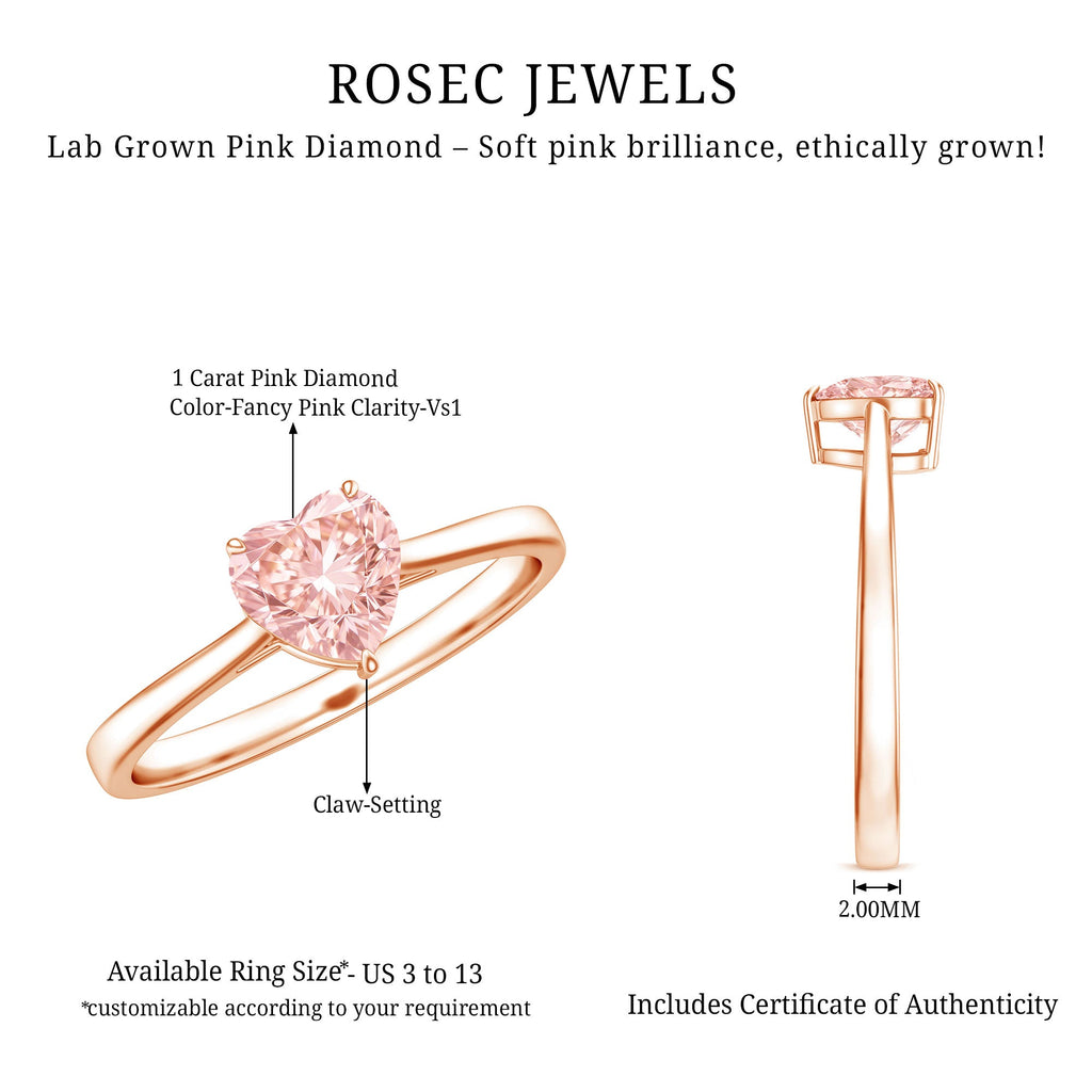 Lab Grown Pink Diamond Ring - 1 Carat Heart Shaped Solitaire Promise Ring