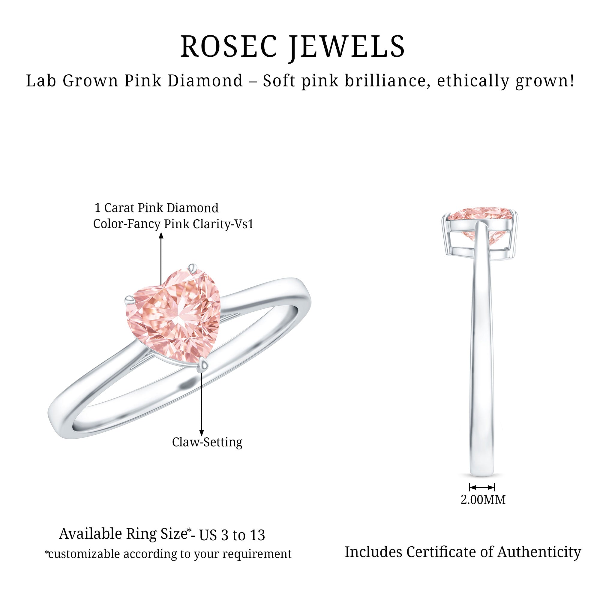 Lab Grown Pink Diamond Ring - 1 Carat Heart Shaped Solitaire Promise Ring