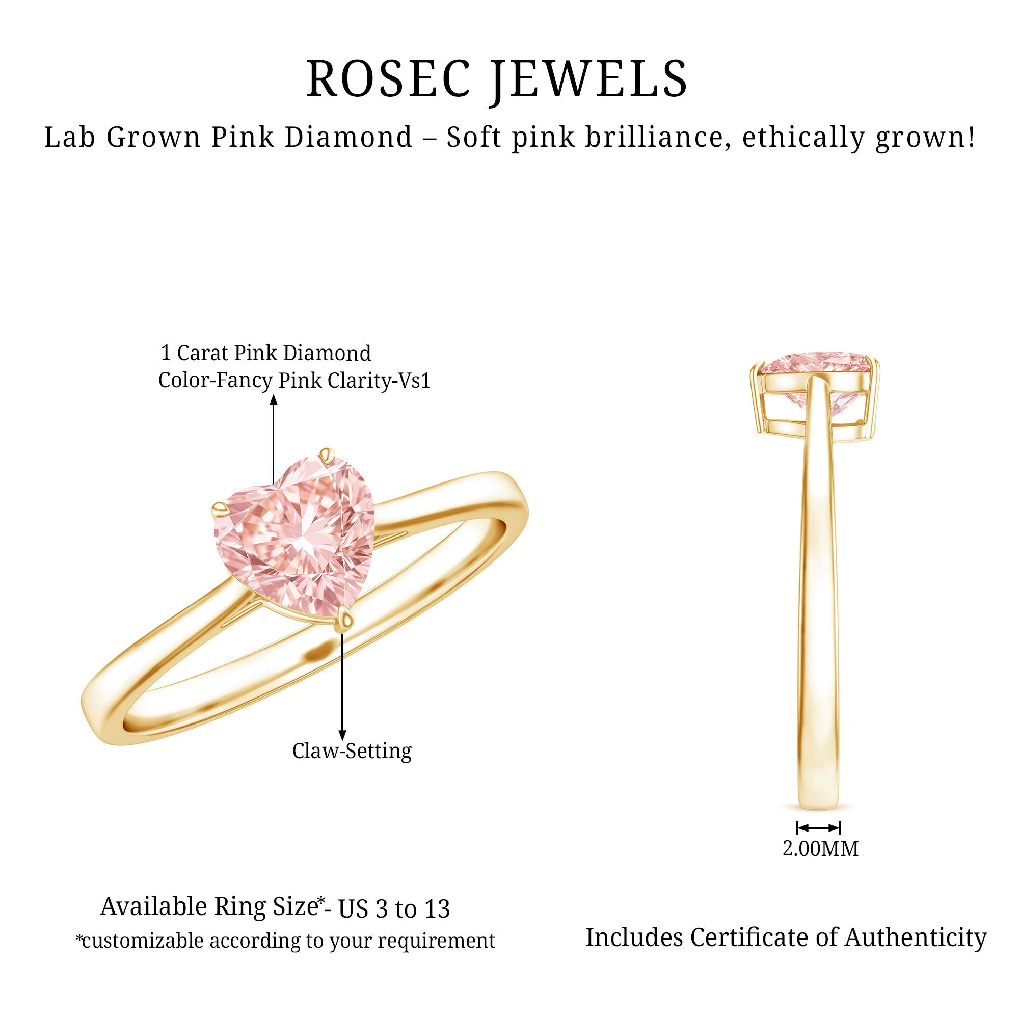 Lab Grown Pink Diamond Ring - 1 Carat Heart Shaped Solitaire Promise Ring